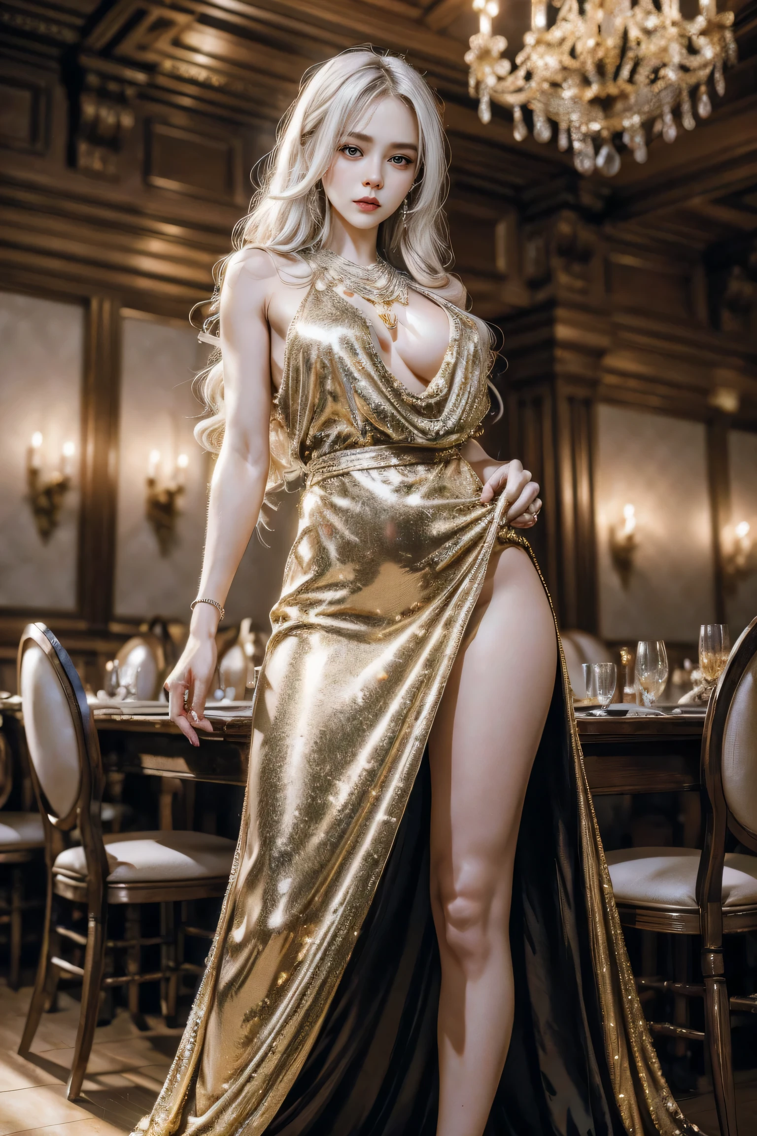 HD photos,lifelike,Ultra high resolution large files,8k high quality wallpaper,10x pixels,CG wallpaper,细节Clearlifelike,female portrait,Super fine,Super fine details:1.1,Advanced technical details:1.1,动态姿势美丽Sexy女人,一个Sexy,Royal sister style,Mixed-race females,Long white and silver hair,他有一头Long white and silver hair,Clearlifelike的头发,Clear的发丝,Delicate eyelash makeup,Be careful with your eyes and face,beautiful fine eyes,Thin eyebrows,Super fine致养眼性感大红唇,mature face,Exquisite face makeup,detailed facial work,, pretty face, Perfect face proportions,(Advanced facial details:1.1)perfect body shape,perfect body proportions,rough numbers,mannequin,一系列shining液体金色奢华礼服,Light gold sequin dress,sequined jacket,shining,tight long skirt,Summer sexy hip-hugging fishtail sleeveless commuter maxi skirt,Horse socks 100%Oil Pastel Tray Glossy Silk Surface 8D Black Silk Women's,High heel,Beautiful long dress,Wonderful DRESRIGHT light golden red series,High fashion clothing series,dress photography,Authentic clothing items,Slim,Sexy,jewelry,necklace,ear nipple ring,bracelet,indoor background,In the banquet hall,Women's artwork,Full body video dressed,Reality感,amazing (Egiosar:1)(Korean Idol face)Adult photography,Light gold series,Bright red satin dress,Reality摄影,Reality、Clear,fashion art,dress goddess,Women's artwork,full body view,fantasy art,First class boutique,High level of detail engineering