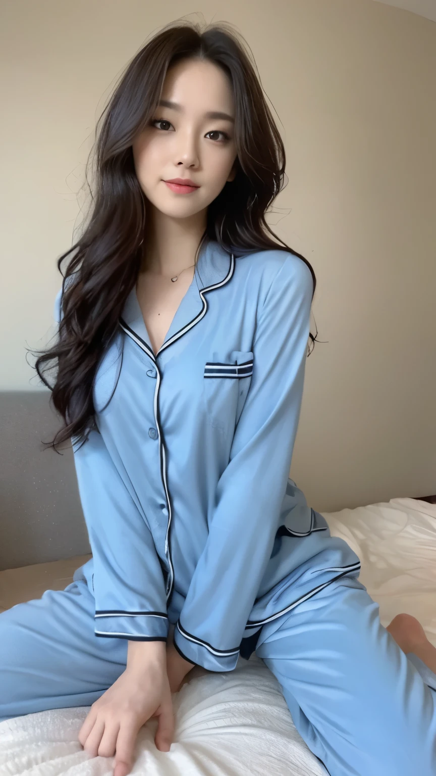 ((top-quality、8k、masterpiece:1.3))、Beautiful woman with perfect body:1.4、slim abdomen:1.2、Longhair, normal breast, Highly detailed facial and skin texture, A detailed eye, delicate eyes, double eyelid, (smile), (full body shot), ((bedroom)), (sitting on bed), (((wearingg blue pyjamas))), looking in front
