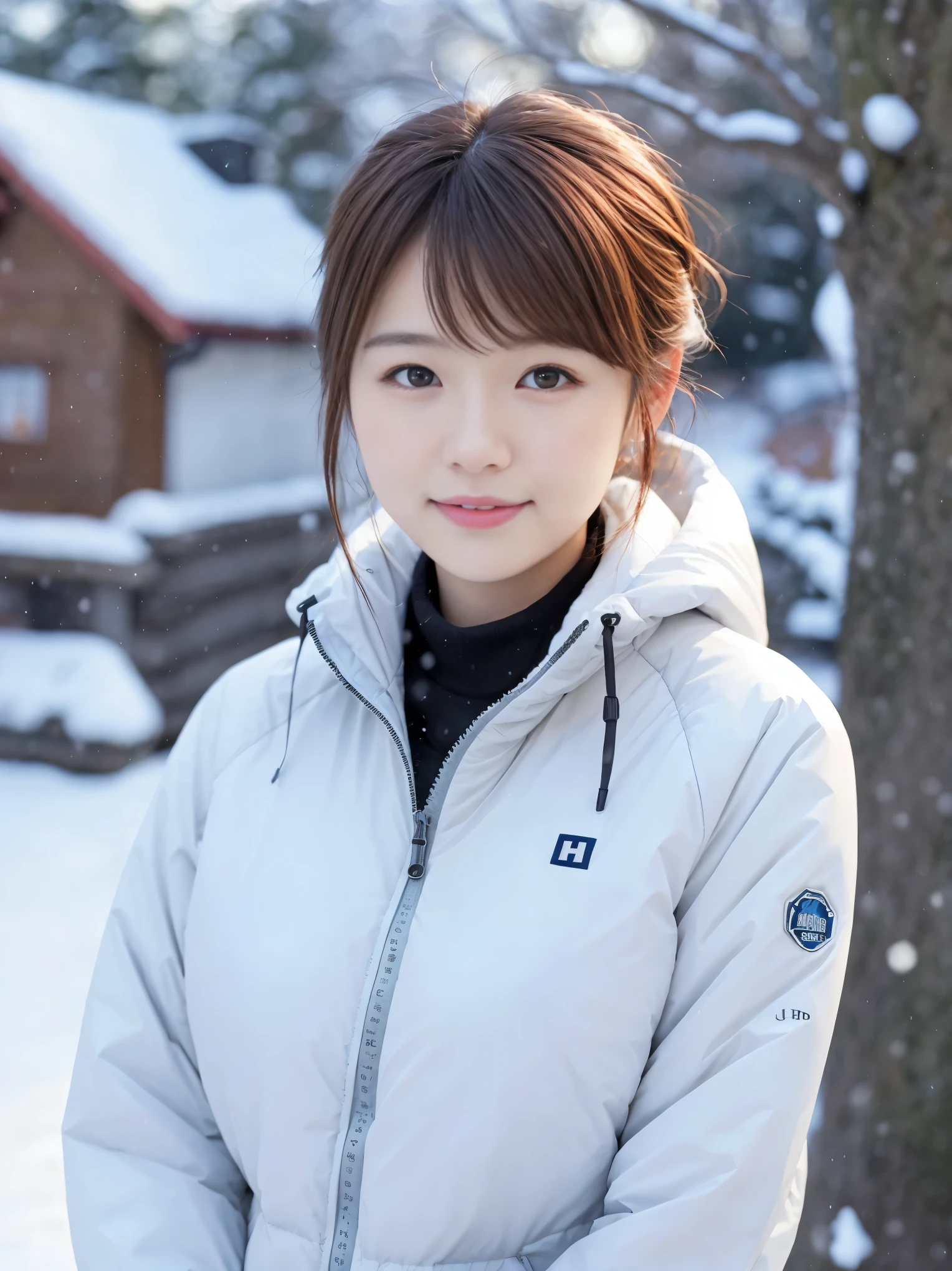 realistic pictures (1 Cute Japanese gravure idol) shoulder length hair, light makeup, big breasts, Wear a down jacket, in the snow, clear facial features, 8K high resolution, sharp and realistic details.from outside, eye level shot, f/4.0, 135mm, fujifilm, jpeg artifact, dithering, UHD, masterpiece