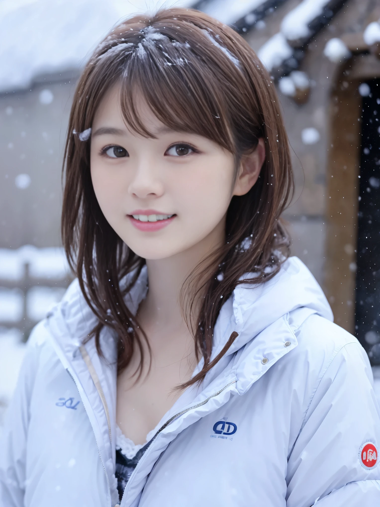 realistic pictures (1 Cute Japanese gravure idol) shoulder length hair, light makeup, big breasts, Wear a down jacket, in the snow, clear facial features, 8K high resolution, sharp and realistic details.from outside, eye level shot, f/4.0, 135mm, fujifilm, jpeg artifact, dithering, UHD, masterpiece