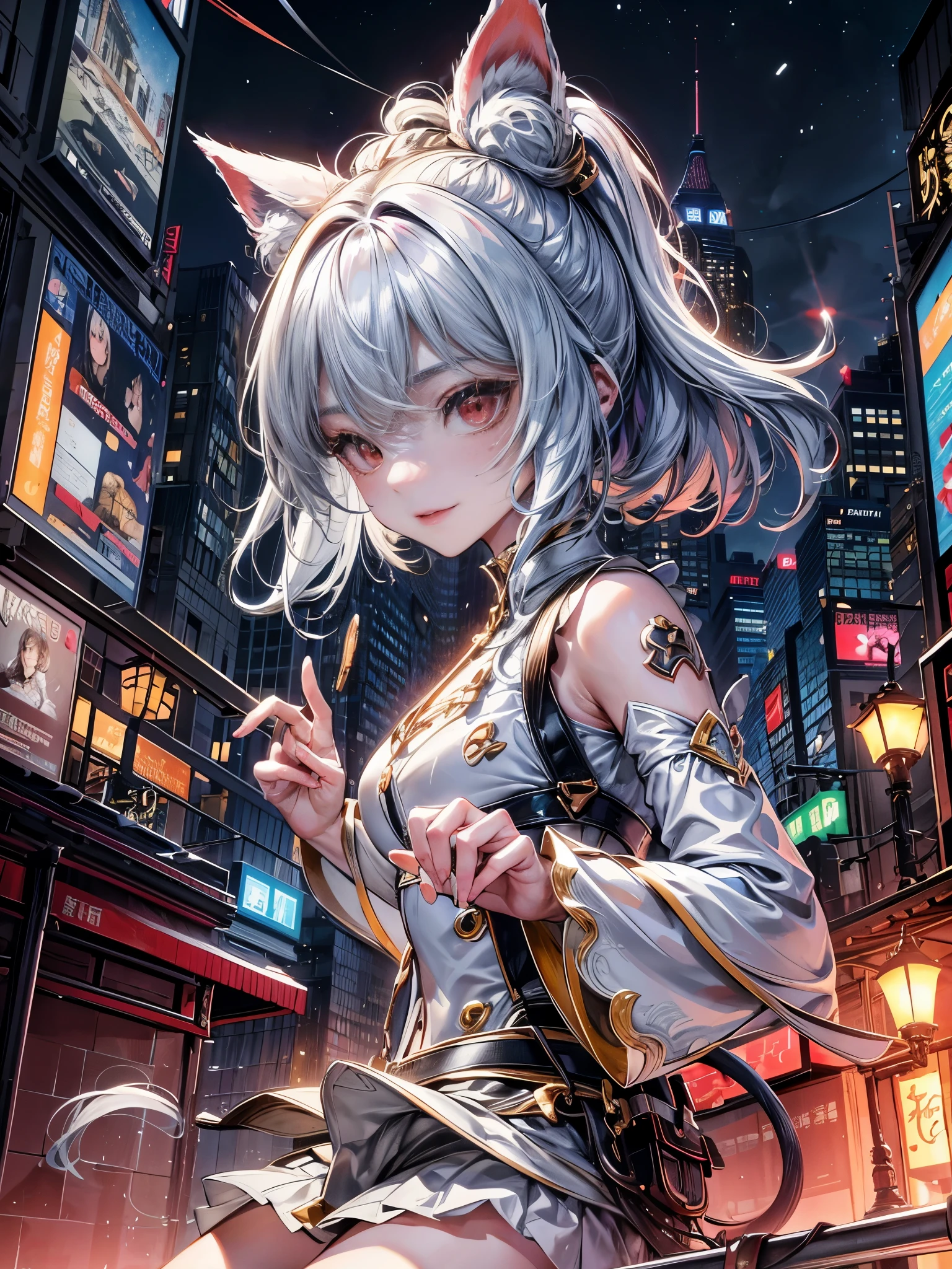 cinematic lighting,super dense skin、Beautiful quality with attention to detail,perfect anatomy,(midjourney anime style:1.1)(replace、dim color, pleasant tone:1.3),(Detailed beautiful facial features、red eyes:1.3)華やかでエロスな白い着物を着たmonster cat girl、 (gentle smile:1.3)(Girl Playing Guitar、highly detailed hands:1.3)Big city buildings at night、building roof、Skyscraper、Play the guitar(Highly detailed feet:1.4)、dynamism(Fluffy expression:1.5)(Sparkling✨、the night deepens、shining moon、beautiful night:1.5)monster cat girl、whole body