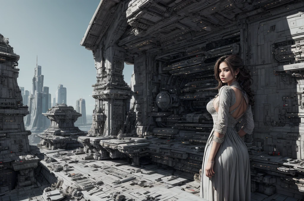 Incredible fantasy city, mega skyscrapers, flying cars, space elevator towers, Super Detail, trees, flowers, Many different buildings, spaceships in the sky, Ultra detail, many elements, girl in lace dress, Incredibly beautiful