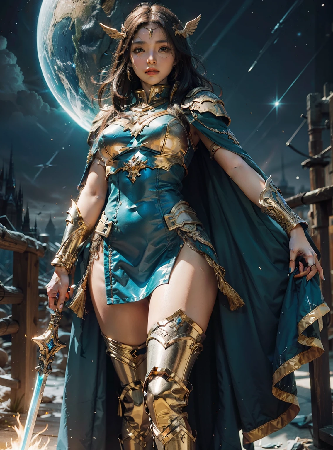 ((Full body photo,standing, feet on the ground)), Saria has large breasts, helmet on her head, black color with golden parts/futuristic Egyptian costume, Egyptian necklace on her neck, extremely tight on her body, (in an ancient city raining hard and thundering), she has (short red hair, blue eyes), is with her hands closed, holding a scepter of pure gold, landing for the viewer, extremely exhibitionist, is looking at the viewer, manic smile, face with red cheek, (hair, body and clothing all wet, moistened and transparent clothing, light makeup on the face, Futurism, 16k, UHD, retina, masterpiece, ccurate, anatomically correct, best quality, high quality, textured skin