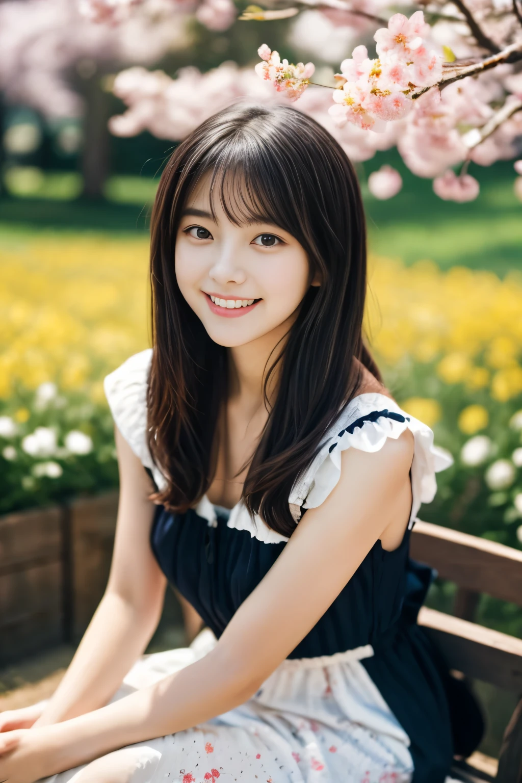 masterpiece, Best Quality, 8K, 1 girl, (), Teen ager, slo, (A super cute idol-like face:1.2), Delicate girl, Black hair, middle bob hair, straight hair, bangs, Looking at Viewer, Candid, Sophisticated, Professional Lighting, Film grain, whole body, beautiful figure, The background is a field of yellow rape blossoms and rows of cherry blossom trees, (White floral pattern dress:1.2), tiny chest, Sitting on the bench,