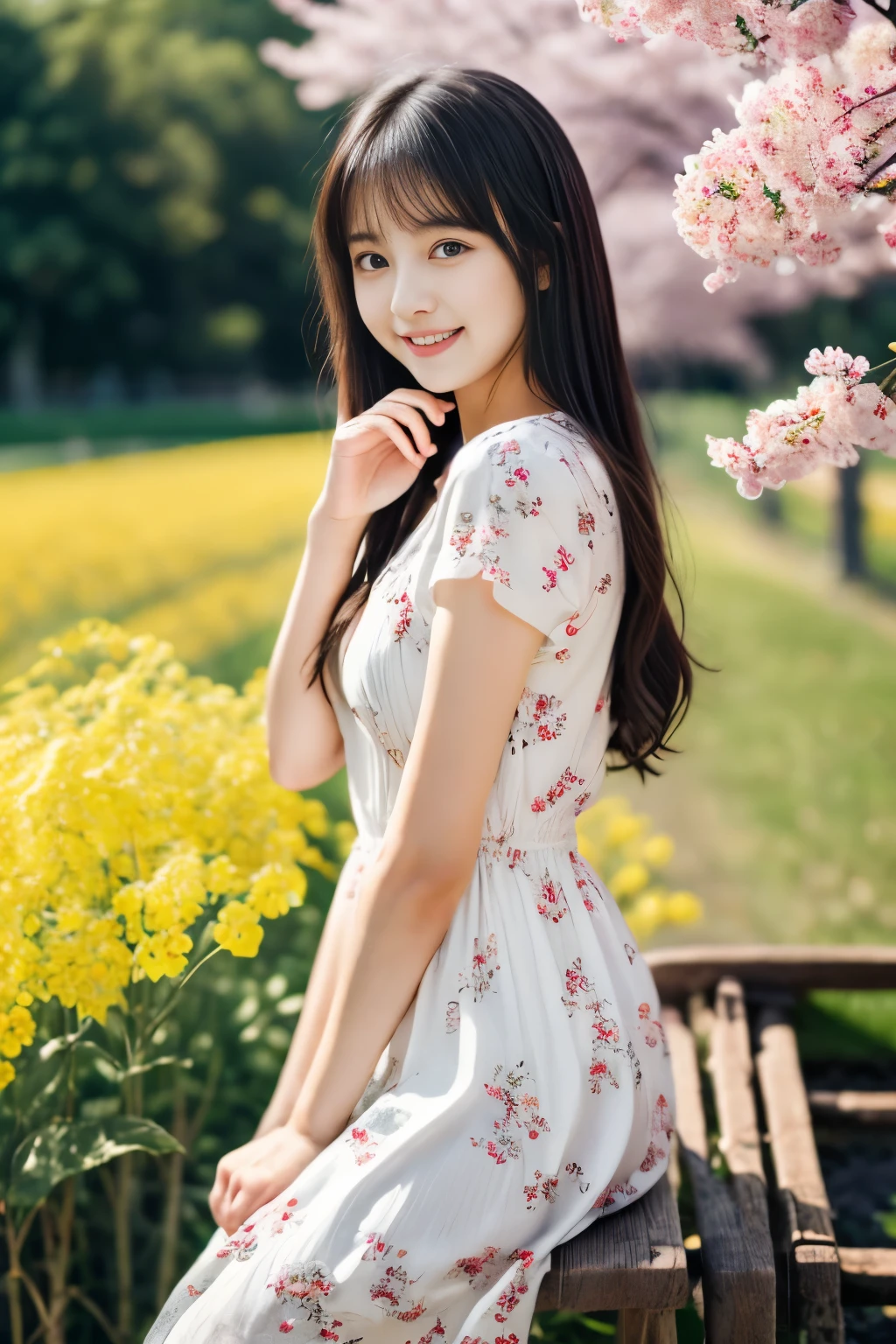 masterpiece, Best Quality, 8K, 1 girl, (17 years old), Teen ager, smile, Solo, (A super cute idol-like face:1.2), Delicate girl, Black hair, middle bob hair, straight hair, bangs, Looking at Viewer, Candid, Sophisticated, Professional Lighting, Film grain, whole body, beautiful figure, The background is a field of yellow rape blossoms and rows of cherry blossom trees, (White floral pattern dress:1.2), tiny chest, Sitting on the bench,
