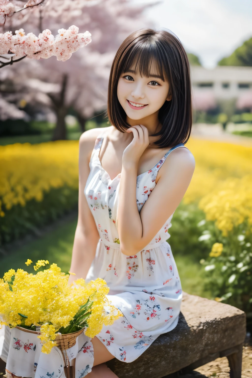masterpiece, Best Quality, 8K, 1 girl, (), Teen ager, slo, (A super cute idol-like face:1.2), Delicate girl, Black hair, middle bob hair, straight hair, bangs, Looking at Viewer, Candid, Sophisticated, Professional Lighting, Film grain, whole body, beautiful figure, The background is a field of yellow rape blossoms and rows of cherry blossom trees, (White floral pattern dress:1.2), tiny chest, Sitting on the bench,