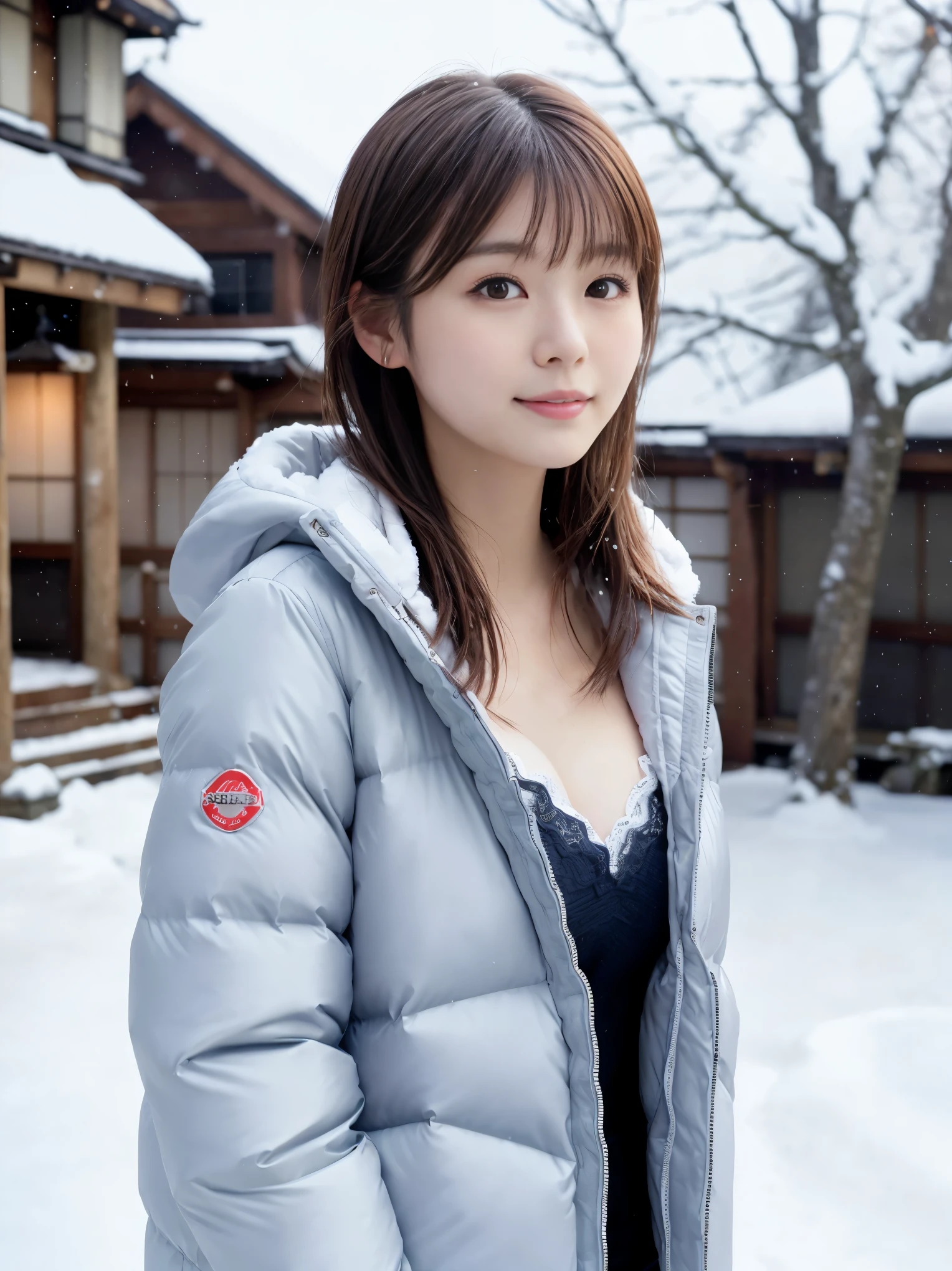 realistic pictures (1 Cute Japanese gravure idol) shoulder length hair, light makeup, big breasts, Wear a down jacket, in the snow, clear facial features, 8K high resolution, sharp and realistic details.from outside, eye level shot, f/4.0, 135mm, fujifilm, jpeg artifact, dithering, UHD, masterpiece