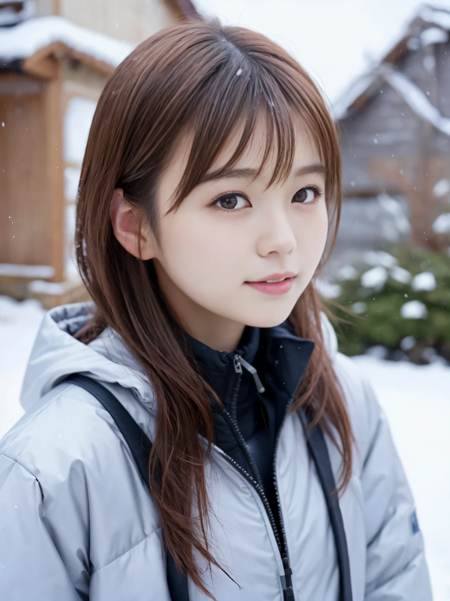 realistic pictures (1 Cute Japanese gravure idol) shoulder length hair, light makeup, big breasts, Wear a down jacket, in the snow, clear facial features, 8K high resolution, sharp and realistic details.from outside, eye level shot, f/4.0, 135mm, fujifilm, jpeg artifact, dithering, UHD, masterpiece
