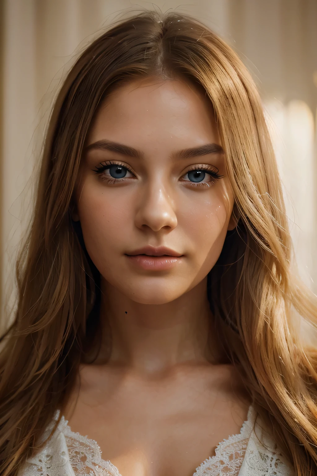 (Best quality, photorealistic, a high resolution, professional), close-up portrait of a 21-year-old Russian woman with long, flowing yellow hair and charming blue eyes. The spotlight is on her beautiful face, with extremely detailed features, like her juicy, voluminous lips and long, fluttering eyelashes. The woman exudes elegance and confidence., her gaze was drawn directly to the camera, creating a feeling of strong connection.
Background images minimal, so as not to distract from the main topic. Soft lighting highlights a woman's flawless complexion., highlighting every curve and contour of her face. Skin looks smooth and radiant, with a natural and subtle glow. The overall color scheme is warm and inviting., with a hint of golden tones, complementing the model's yellow hair.
Image quality is paramount, with a resolution of 4k and higher. The level of detail must be extraordinary, capturing even the finest pores and the smallest facial expressions. Each strand of hair must be drawn with precision., showcasing luxurious texture and shine.
This close-up portrait should resemble an Instagram photo., evoking a feeling of beauty, charm, and the art of capturing a fleeting moment. It exudes a contemporary aesthetic while retaining the timeless elegance and charm of classic portraiture.
