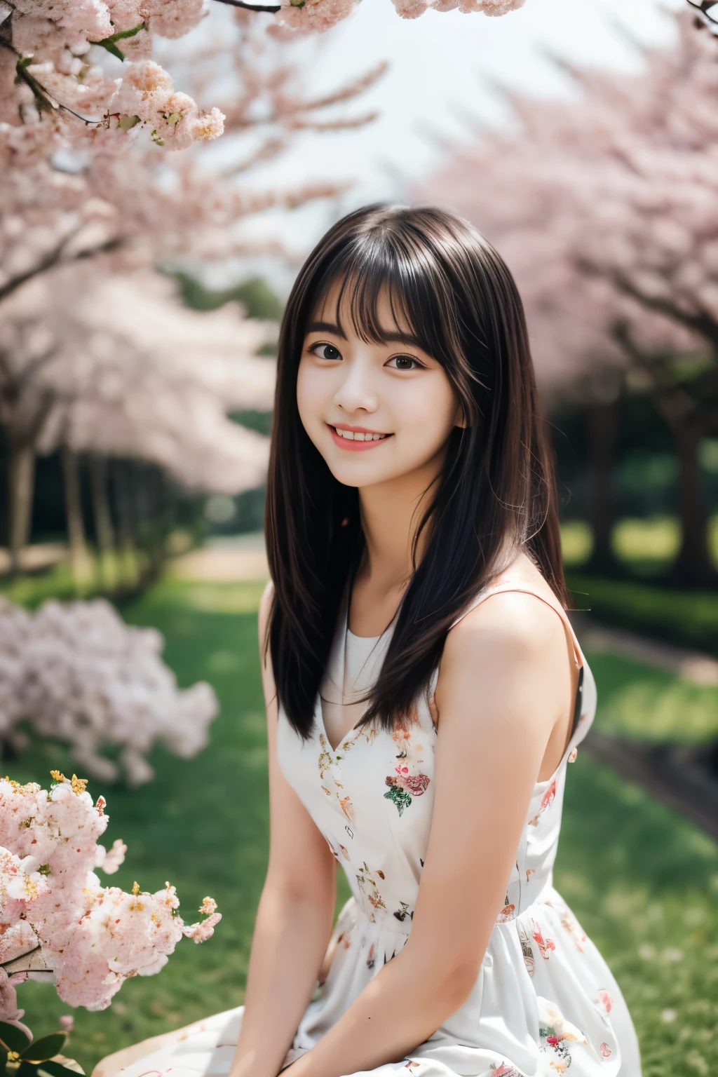 masterpiece, Best Quality, 8K, 1 girl, (), Teen ager, slo, (A super cute idol-like face:1.2), Delicate girl, Black hair, middle bob hair, straight hair, bangs, Looking at Viewer, Candid, Sophisticated, Professional Lighting, Film grain,  whole body, beautiful figure, The background is a field of yellow rape blossoms and rows of cherry blossom trees,  (White floral pattern dress:1.2), hair ornaments, tiny chest, Sitting on the bench, 