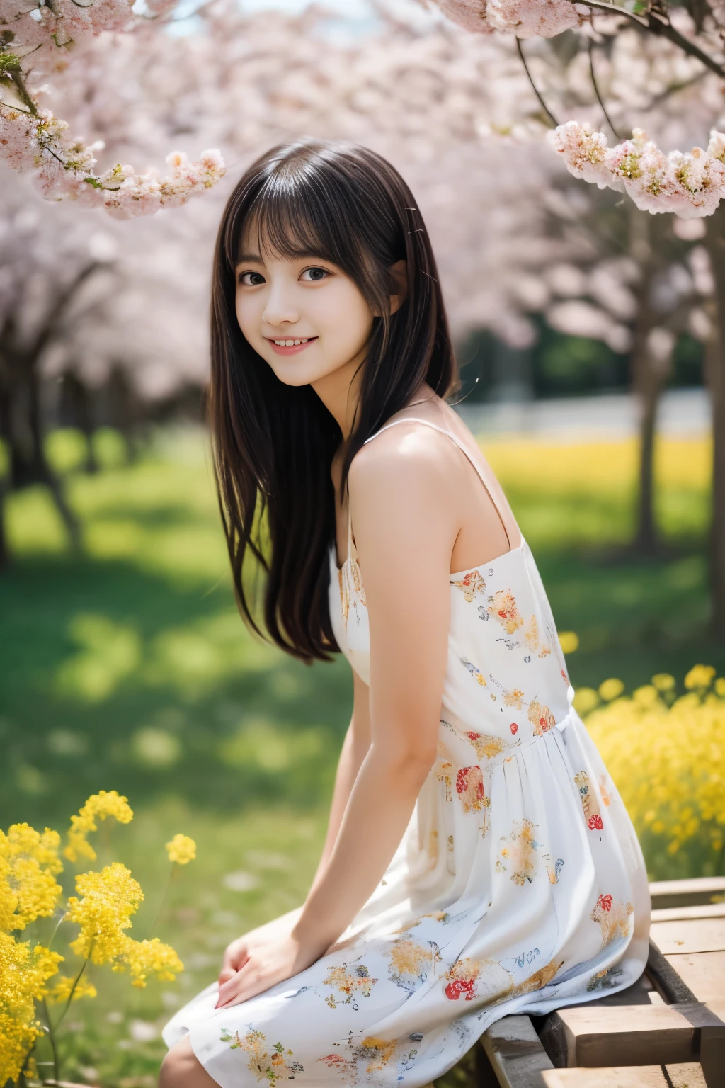 masterpiece, Best Quality, 8K, 1 girl, (************), Teen ager, smile, Solo, (A super cute idol-like face:1.2), Delicate girl, Black hair, middle bob hair, straight hair, bangs, Looking at Viewer, Candid, Sophisticated, Professional Lighting, Film grain,  whole body, beautiful figure, The background is a field of yellow rape blossoms and rows of cherry blossom trees,  (White floral pattern dress:1.2), hair ornaments, tiny chest, Sitting on the bench, 