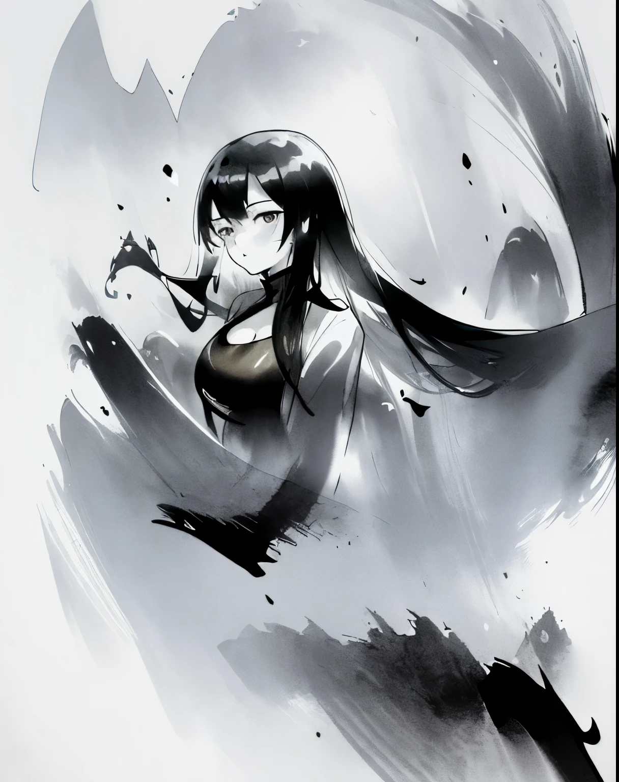 zydink, monochrome, ink sketch, 1women, asian (young women), (long hair), looking at viewer, long hair, floating hair, long sleeve dress, cleavage, giga_busty, (abstract ink splash:1.1), white background