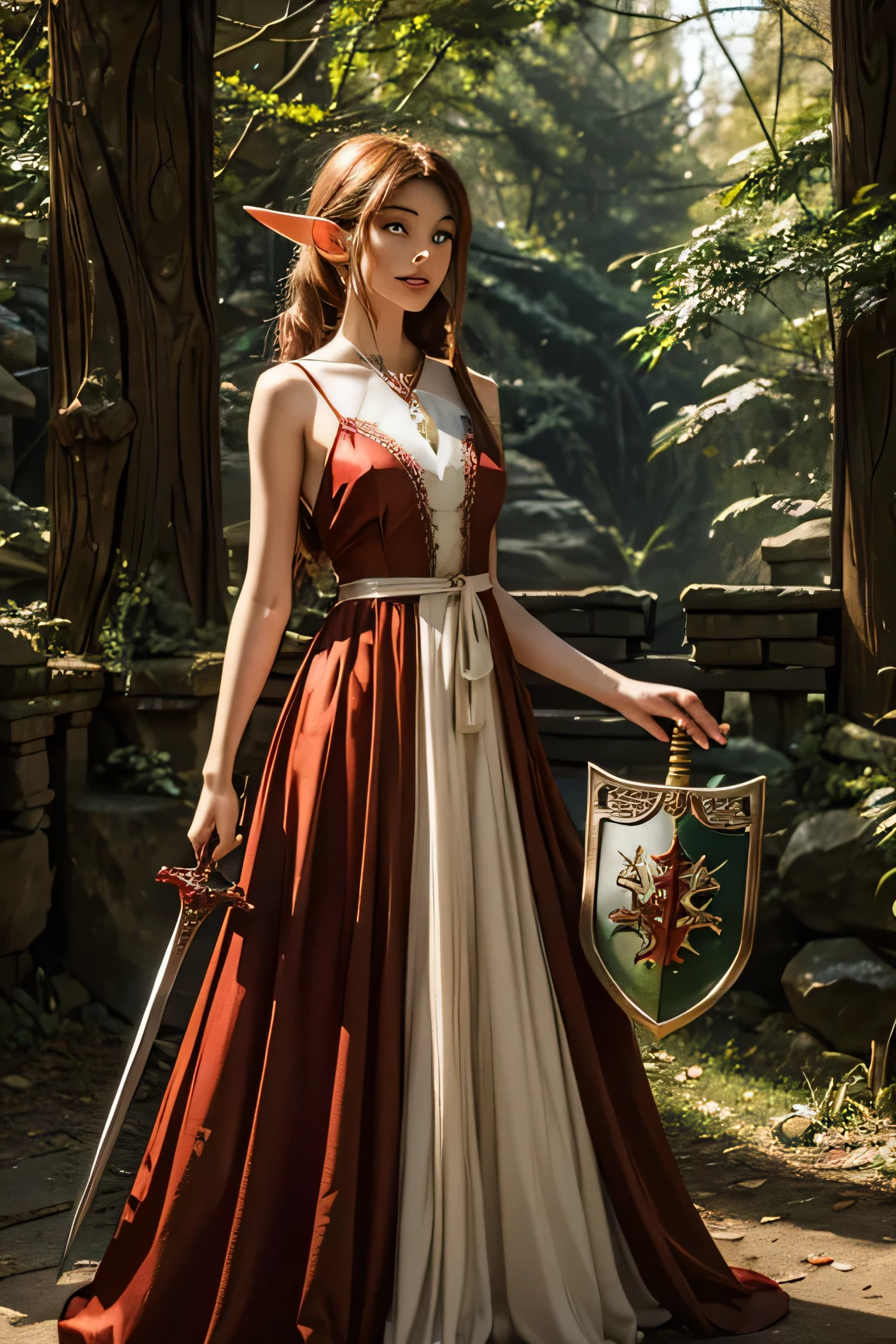 The female forest elf was wearing a red and white outfit., holding a sword and shield, blood