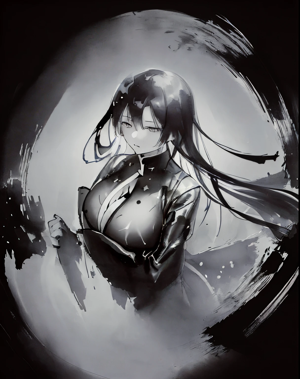 zydink, monochrome, ink sketch, 1women, asian (young women), (long hair), looking at viewer, long hair, floating hair, long sleeve dress, cleavage, giga_busty, (abstract ink splash:1.1), white background