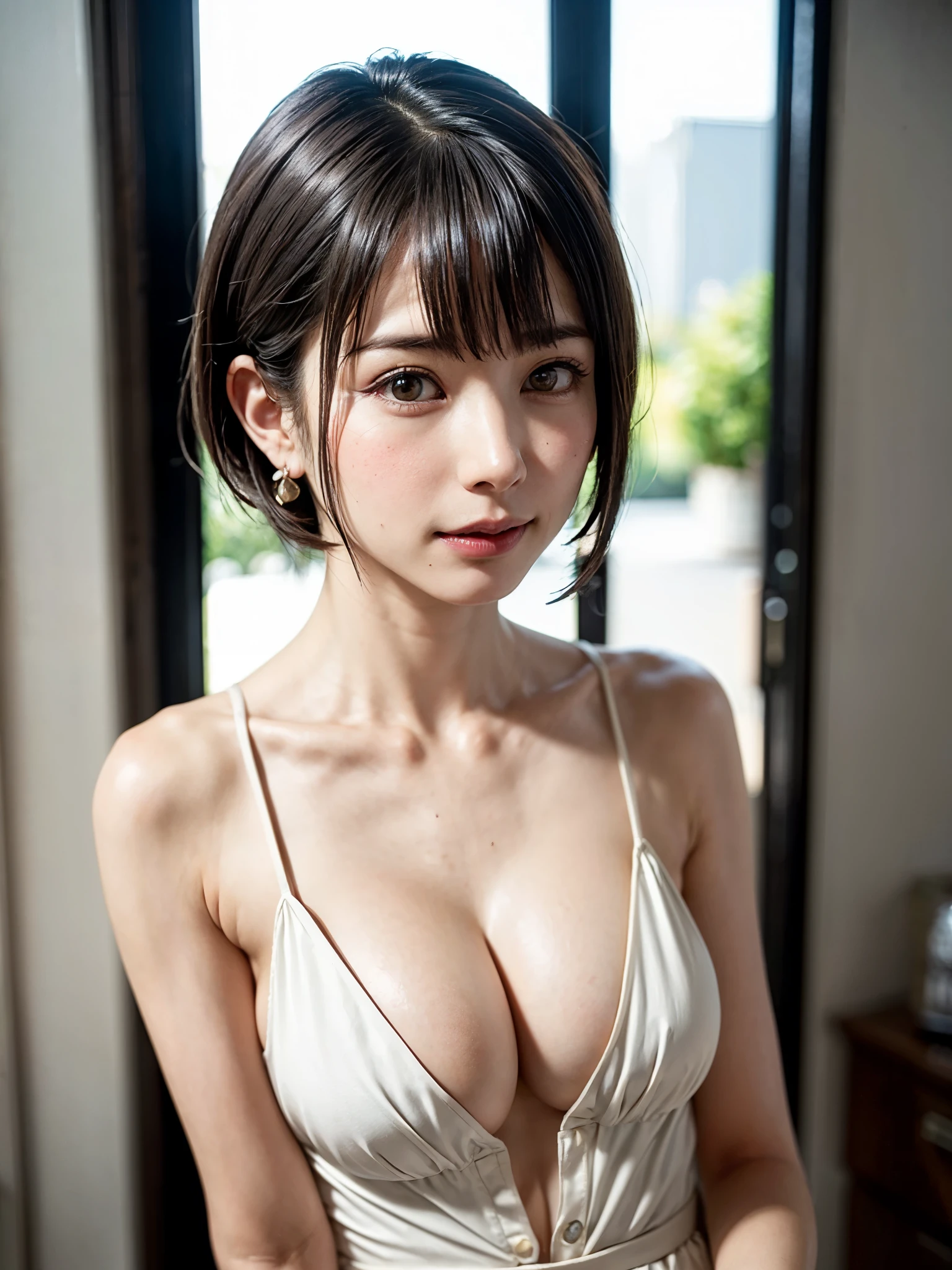 1 girl、highest quality、realistic、alone、Depth of written boundary、natural soft light、daytime、troublesome、beautiful face、cleanliness、pure face、white skin、cute、short hair、bang、Light of the sun、Nedium Breast Body Esbian、((セーター黄金比のbeautiful face 対称性のあるbeautiful face))、long neck、Show off your earrings with a nice short bob hairstyle、Please close your mouth and smile:1.7、perfect hands指、perfect hands、perfect body、perfect face、shine a light on the eyes、perfect anatomy:1.4、とてもcuteスーパーモデル:1.4、({Huge|big breasts|Hugeな|mega} overall small breasts:1.7, have cleavage:2)
