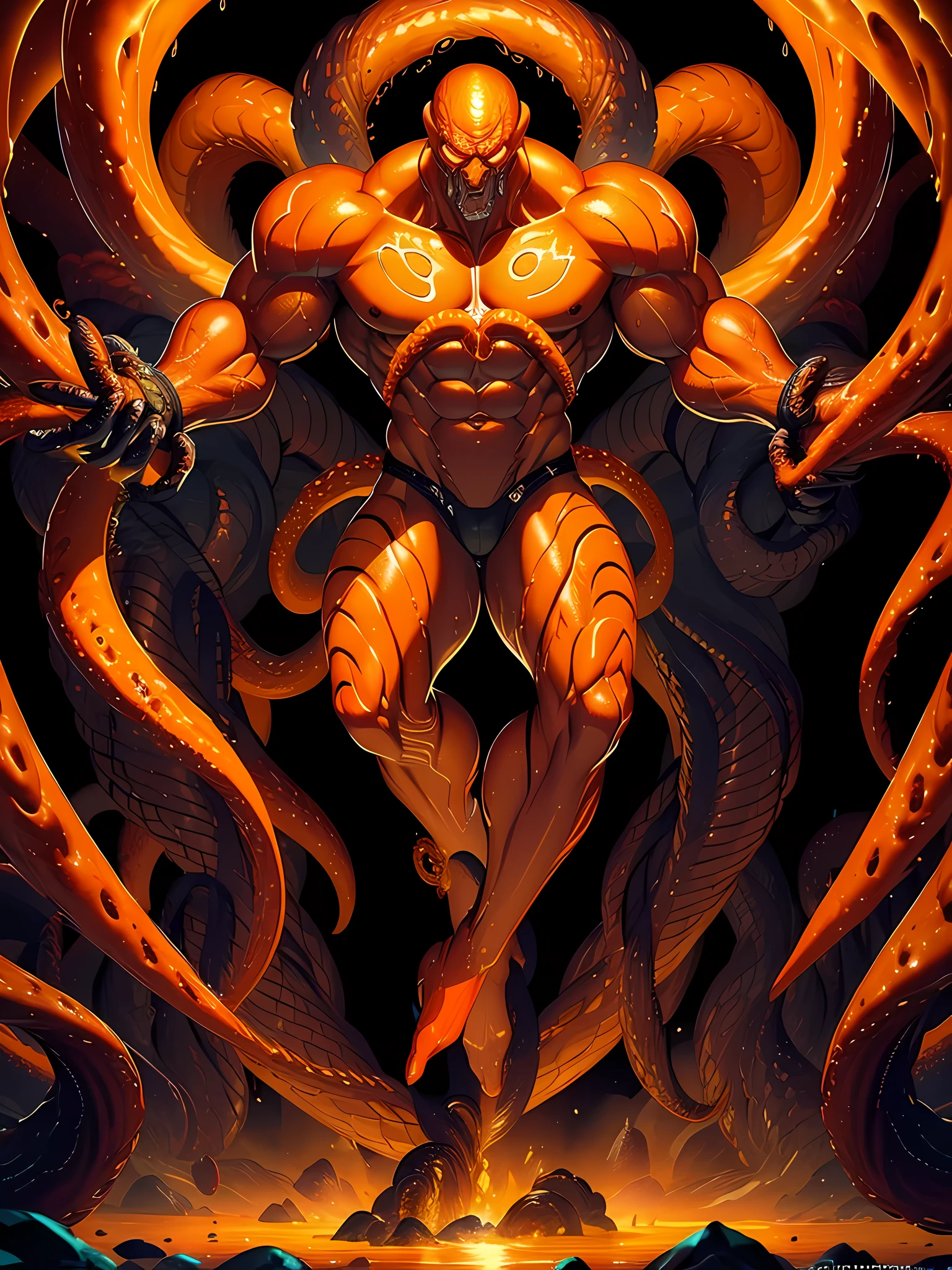 ((intricate design)) Top quality, 16K, High Definition, 16K splash art, high res, ultra sharp, ((masterpiece)), best quality, expressive eyes, perfect face, Super eyes, masterpiece, (((volumetric lighting))) (((cinematic lighting))) (((1Male))), ((muscular)), ((bodybuilder)), ((bara)), thighs, textured skin, god of tentacles, sexy tentacles, tentacle humanoid man, humanoid bodybuilder, pecs, glowing, god rays, wet, coiled, forced, melding, entangled, (((orange neon skin))), blood red slimy tentacles, lava, liquid lava wet, monsters,