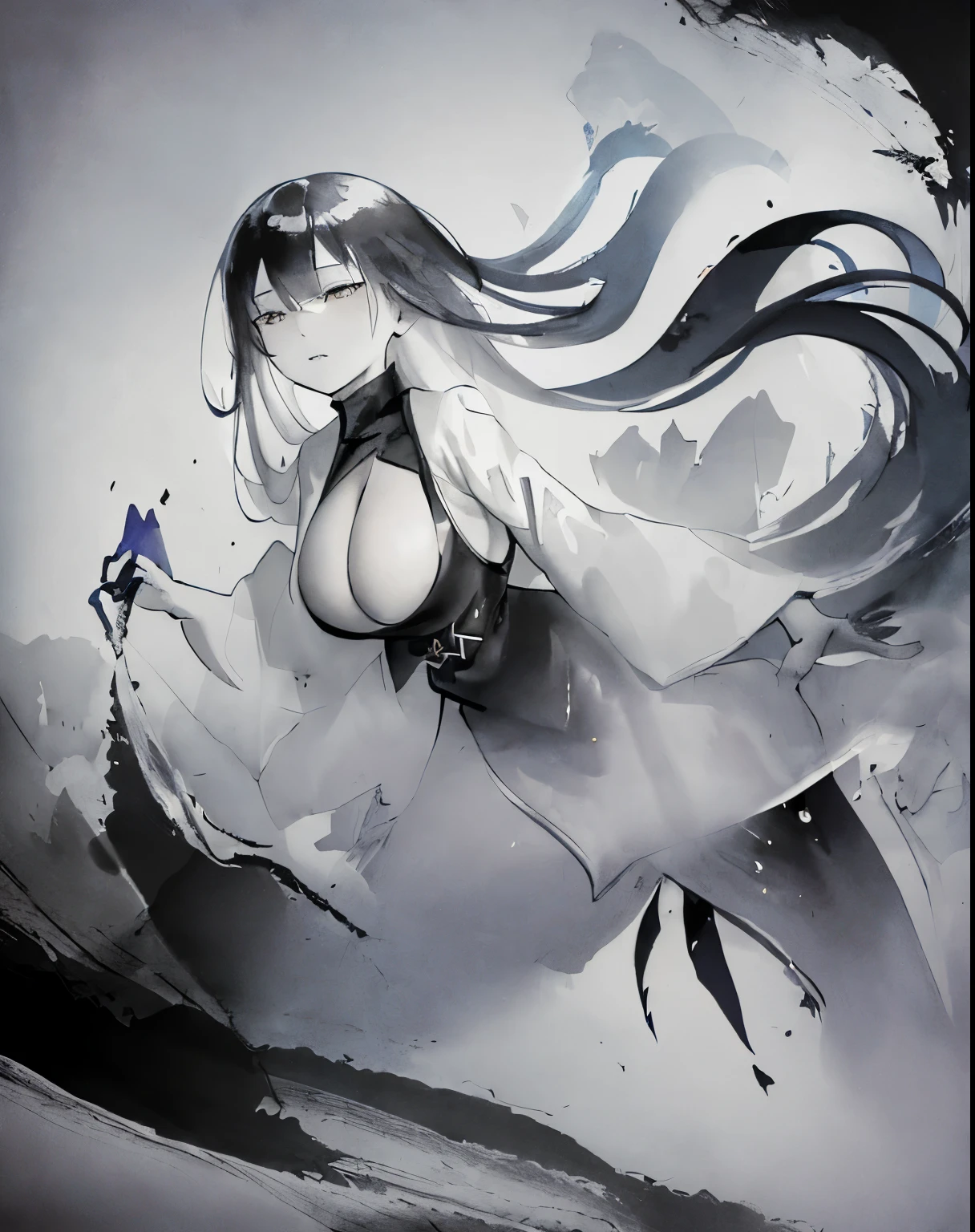 zydink, monochrome, ink sketch, 1women, asian (young women), (long hair), looking at viewer, long hair, floating hair, long sleeve dress, cleavage, giga_busty, (abstract ink splash:1.1), white background