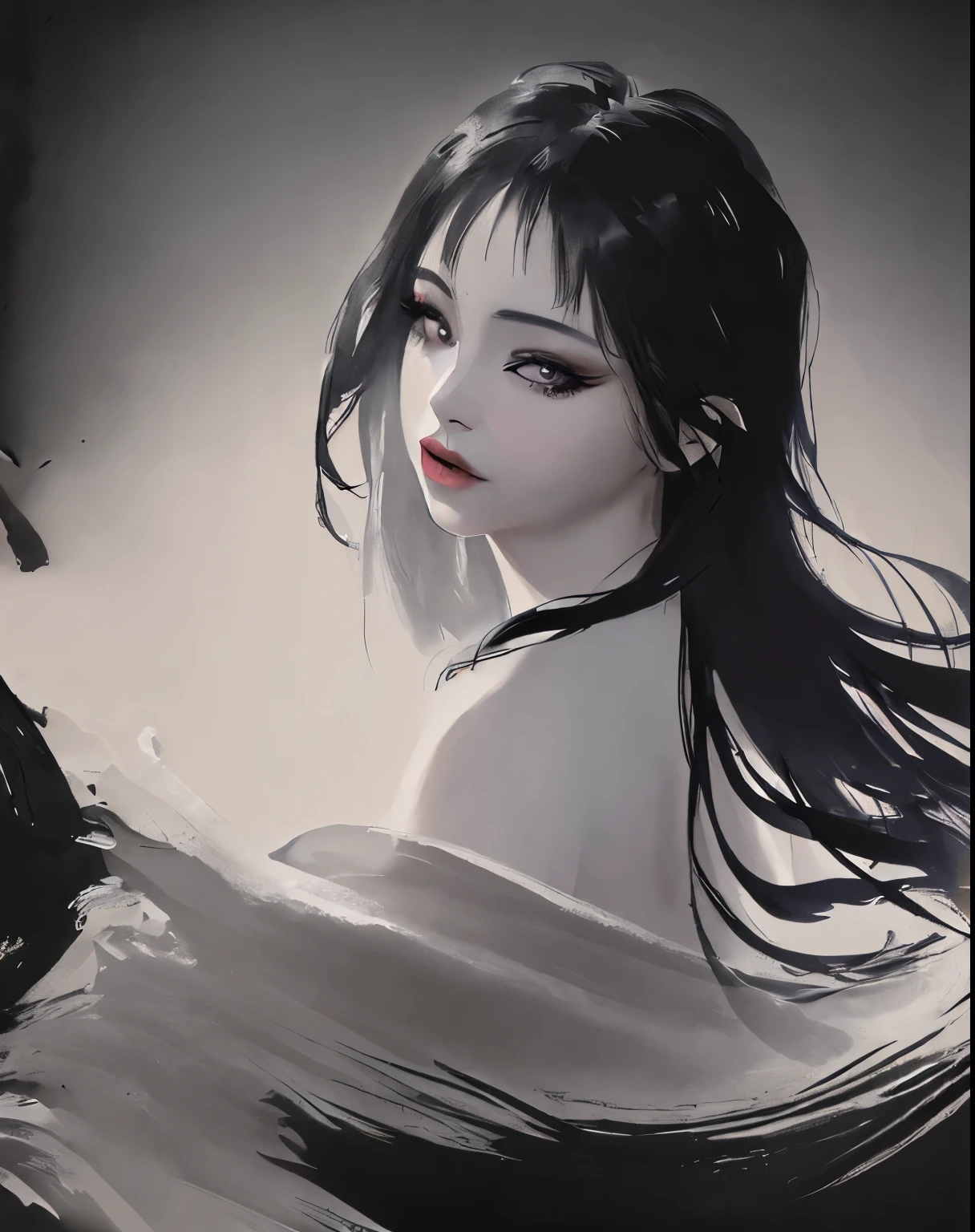 (best quality,4k,8k,highres,masterpiece:1.2),ultra-detailed,(realistic,photorealistic,photo-realistic:1.37),HDR,UHD,studio lighting,ultra-fine painting,sharp focus,physically-based rendering,extreme detail description,professional,vivid colors,bokeh), portraits, zydink, monochrome, ink sketch, 1woman, asian (young woman), (beautiful detailed eyes), (beautiful detailed lips), (extremely detailed eyes and face), (long eyelashes), looking at viewer, floating hair, long dress, (abstract ink splash:1.1), white background