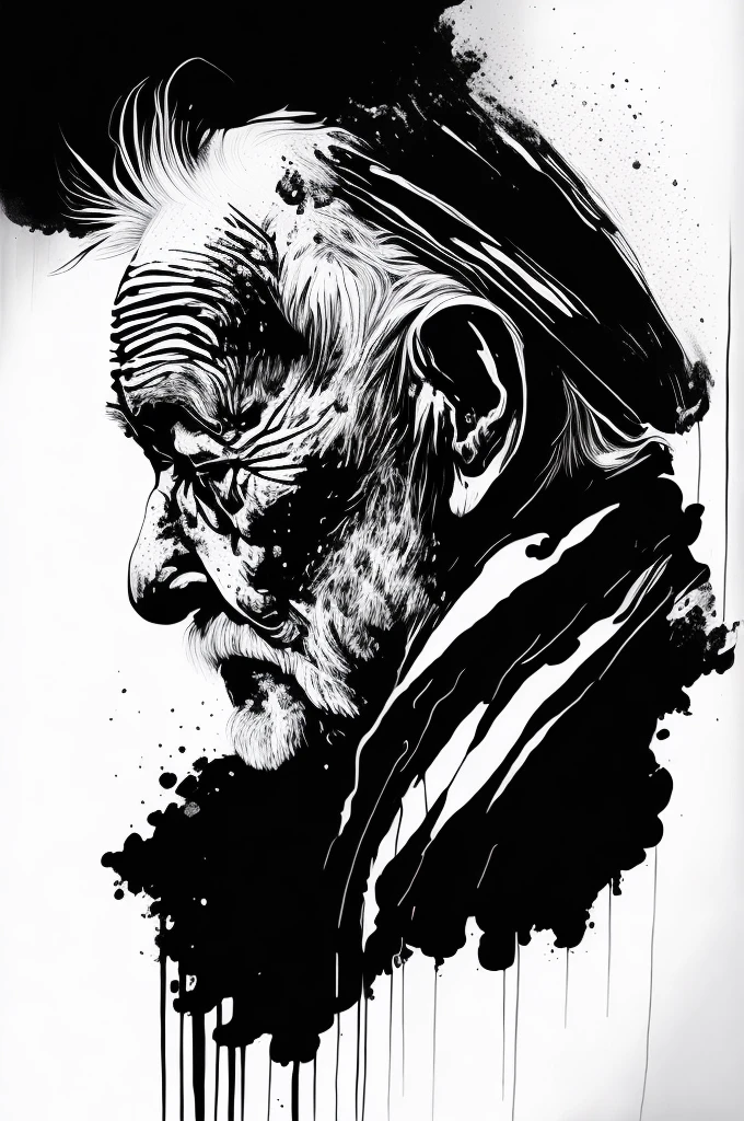 (ink style art:1.3), abstract painting of an old man, Upper body, lament、sorrow、A work expressing the loneliness of the elderly, (look at the audience), Works drawn in ink, vector style, black ink, (white background), Simple style, thick and bold brush strokes