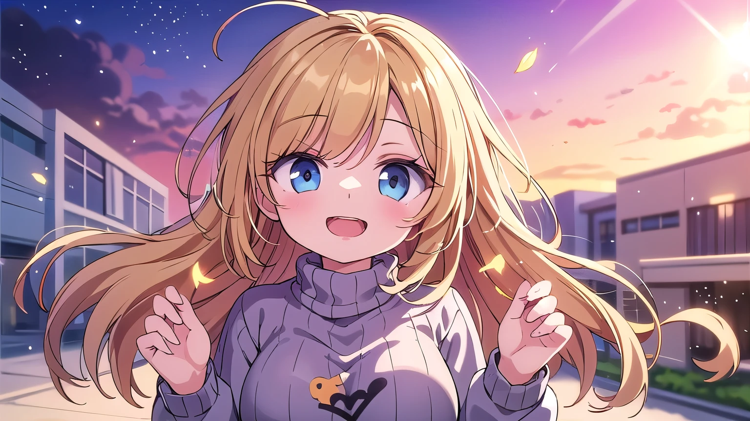 ((best quality)), ((masterpiece)), (detailed), perfect face, a girl, cosy sweater on, upper body, (huge Laughing:1.1), (open mouth:1.1), (wide open eyes:1.2), sun glare, bokeh, depth of field, blurry background, light particles, strong wind, (heart particles:1.1)