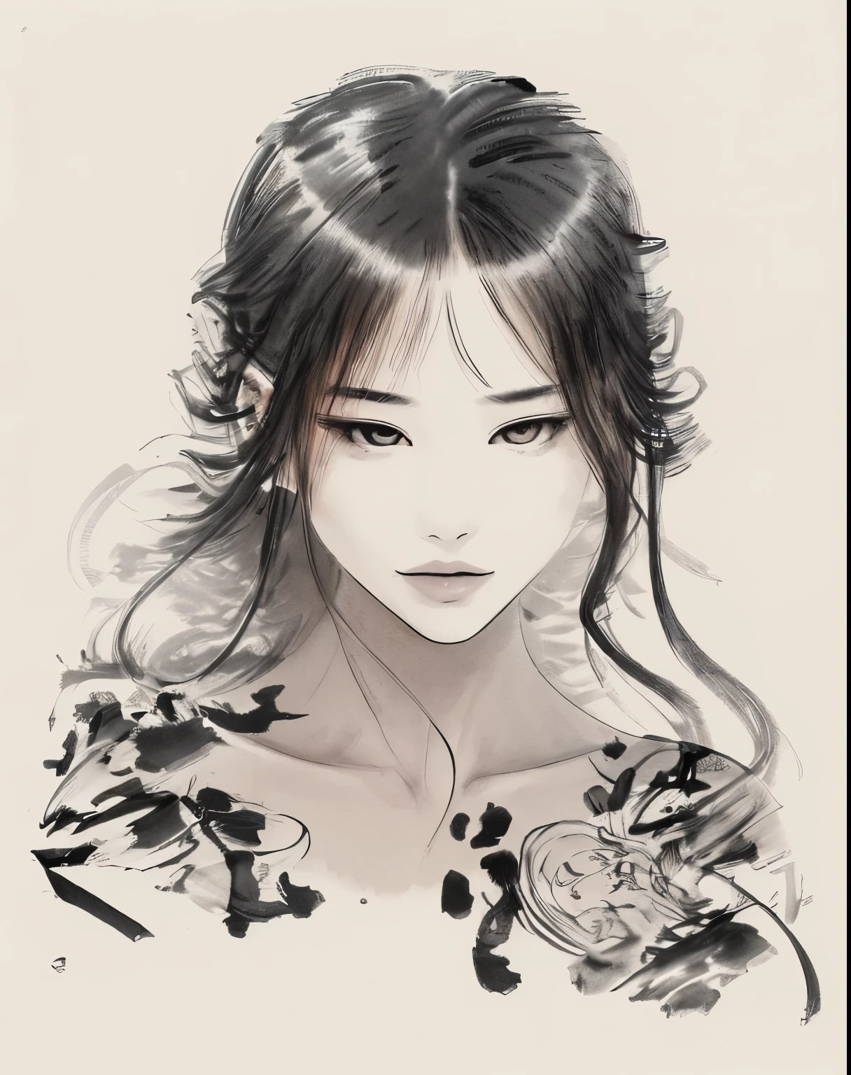 "best quality,4k,highres,masterpiece:1.2,(realistic,photo-realistic:1.37),(ultra-detailed),(sharp focus),ink sketch,monochrome,1women,asian (young women),(beautiful detailed eyes),(beautiful detailed lips),long hair,floating hair,looking at viewer,(long sleeve dress),abstract ink splash:1.2,white background"