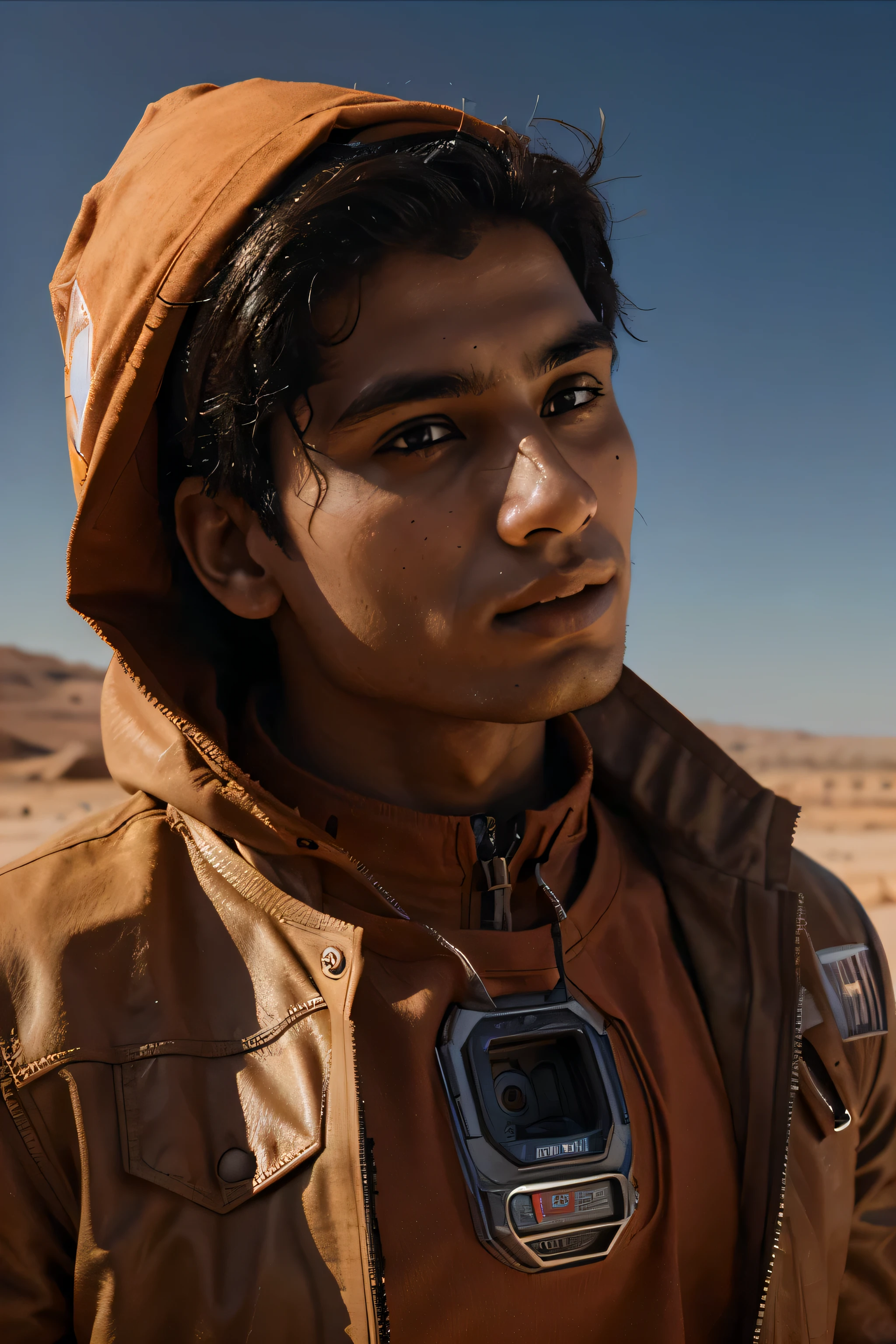 Erstellen Sie ein Bild eines Menschen, der auf dem Mars geboren wurde. Sein Name ist Mohamad Khan und er ist 18 Jahre alt