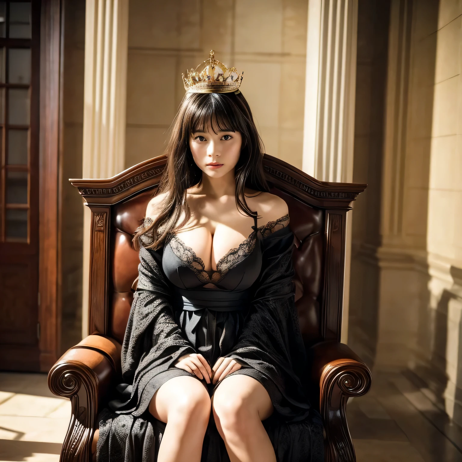 full body portrait, 8K quality, masterpiece, live action, real human emotions, realistic skin texture, natural skin, Natural bust, big breasts, Natural breasts sagging due to gravity, cute (18-year-old) Japanese woman sitting on a western-style throne, wearing a crown, camisole, long black straight hair, With bangs, Sitting proudly with legs spread, Cats sitting on either side of the throne, cinematic lighting