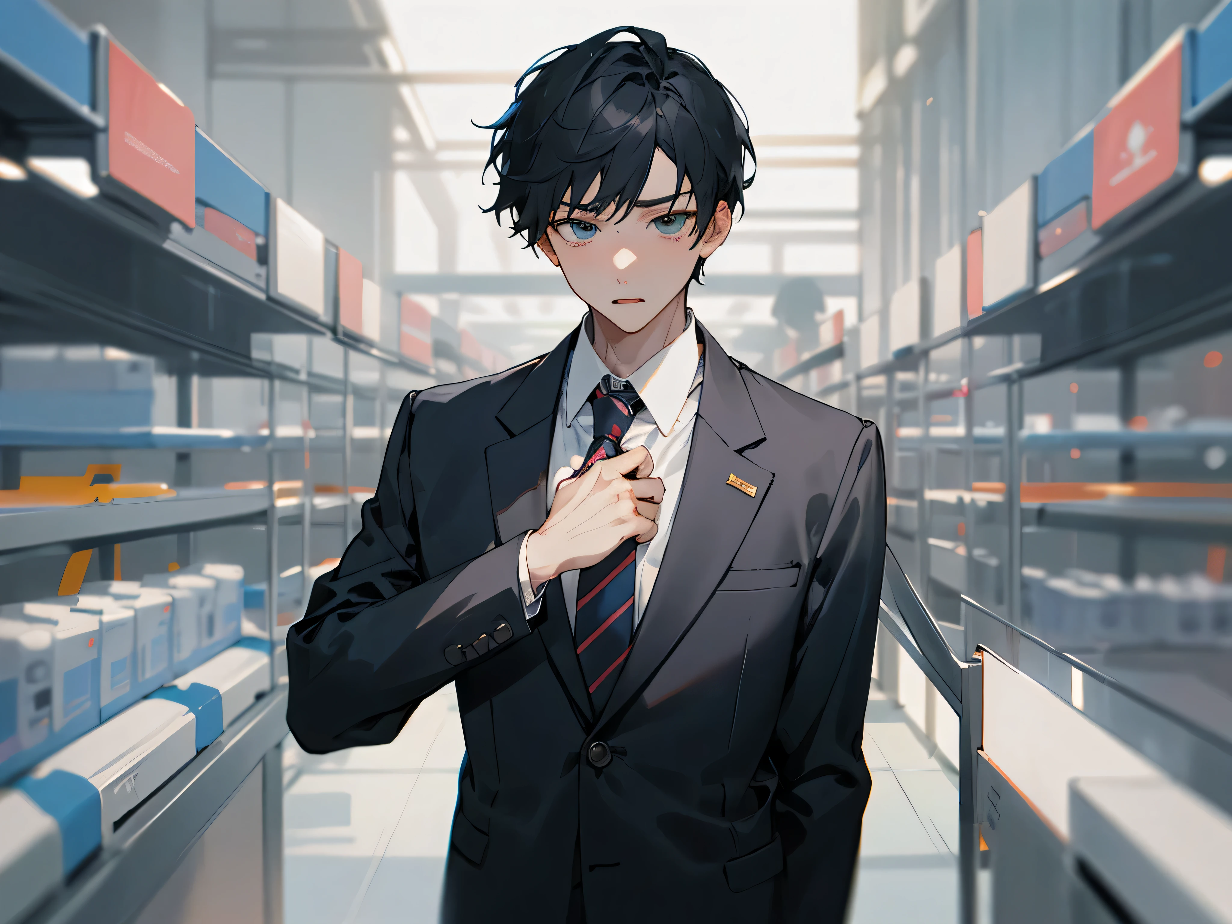 1boy，adult，Impatient expression，Business suit，jacket，whiteshirt，upper body,necktie，dull,pants，best quaity，employee，face detail，office background