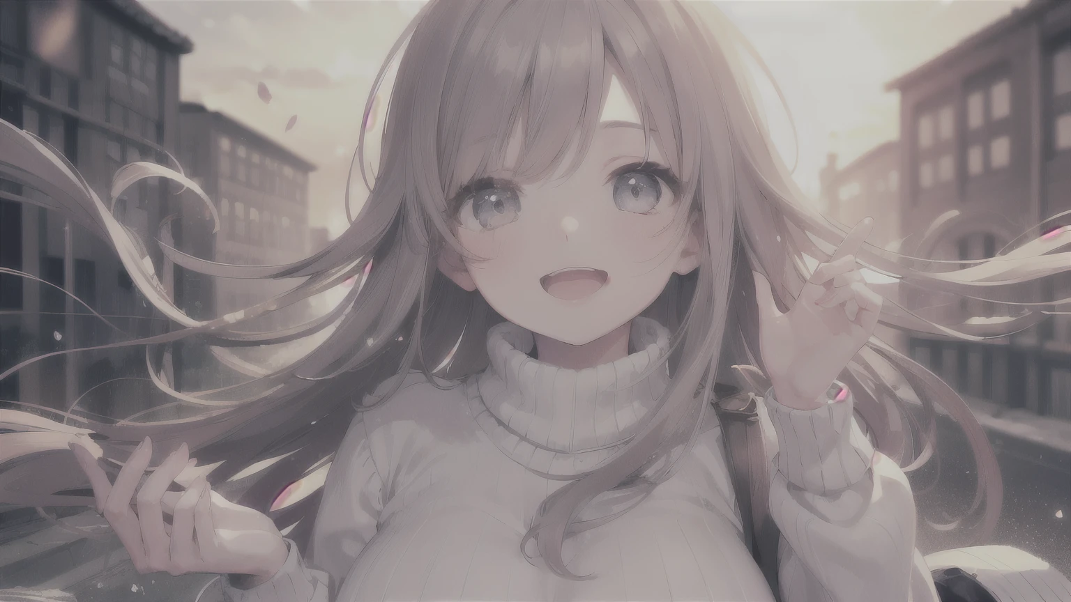 ((best quality)), ((masterpiece)), (detailed), perfect face, a girl, cosy sweater on, upper body, (huge Laughing:1.1), (open mouth:1.1), (wide open eyes:1.2), sun glare, bokeh, depth of field, blurry background, light particles, strong wind, (heart particles:1.1)