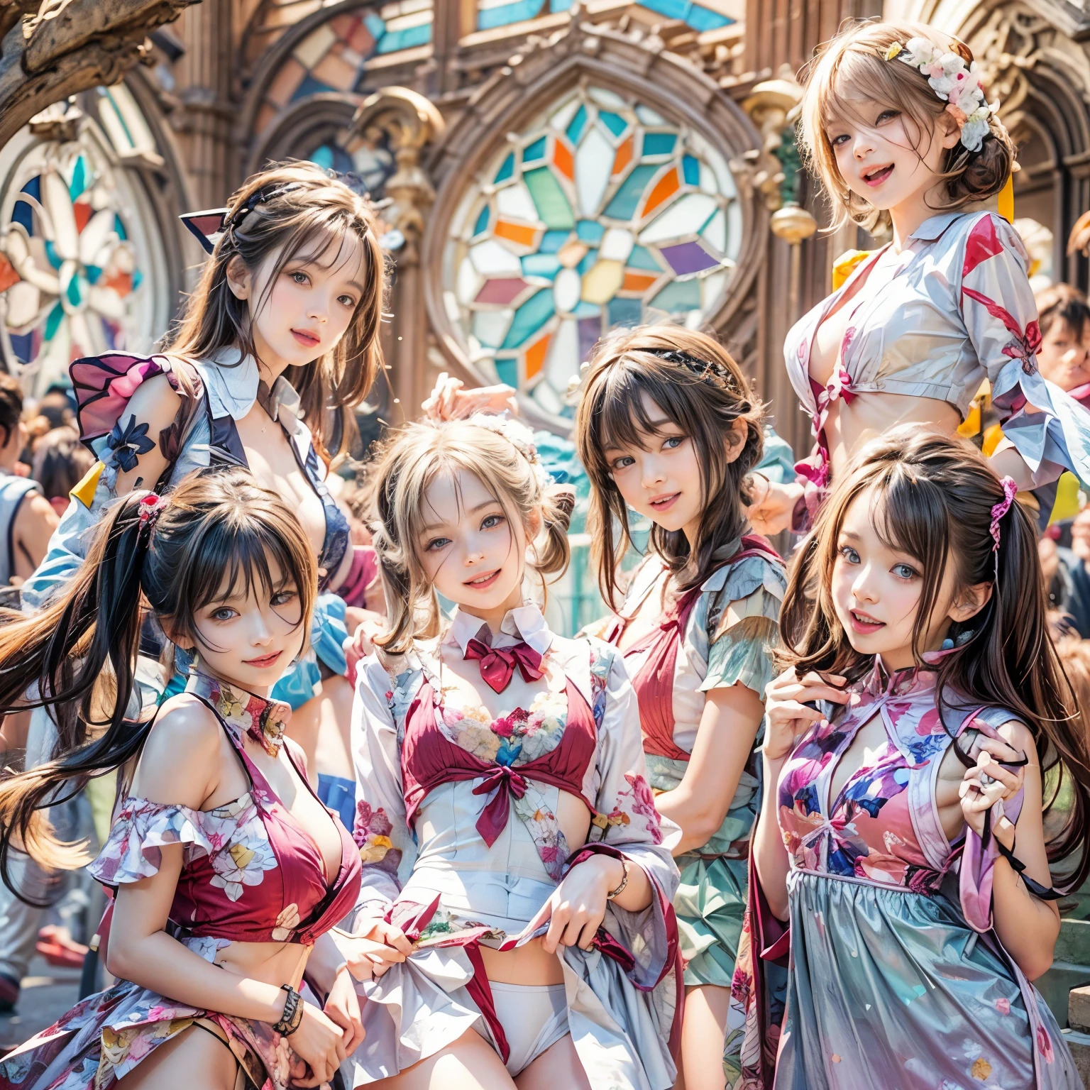 (SFW, White and Red, masterpiece:1.2, Exposed:1.2), (nipple:-0.99), (Acutance:0.8), (many sexy junior idols in group photograph), ((Extremely Detailed KAWAII face variations, joyful expression variations)), { Open Cleavage | Navel | pretty Ass | Overflowing sideboob | (Half Opened White SchoolUniform) | full of Flowers covering girl's body | (Colorful Light shines from Dazzling and Stunning elaborate stained glass:1.2) }. ( ultra-detailed Masterpiece:1.2, ((realistic and photorealistic:1.37)) with a touch of rawness). { under the mesmerizing back lighting | concept art | enhancing the overall visual impact }. (not Detailed fingers:-0.9) .