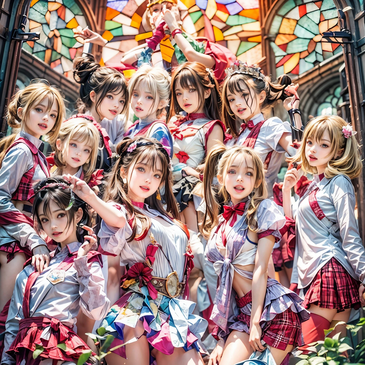 (SFW, White and Red, masterpiece:1.2, Exposed:1.2), (nipple:-0.99), (Acutance:0.8), (many sexy junior idols in group photograph), ((Extremely Detailed KAWAII face variations, joyful expression variations)), { Open Cleavage | Navel | pretty Ass | Overflowing sideboob | (Half Opened White SchoolUniform) | full of Flowers covering girl's body | (Colorful Light shines from Dazzling and Stunning elaborate stained glass:1.2) }. ( ultra-detailed Masterpiece:1.2, ((realistic and photorealistic:1.37)) with a touch of rawness). { under the mesmerizing back lighting | concept art | enhancing the overall visual impact }. (not Detailed fingers:-0.9) .