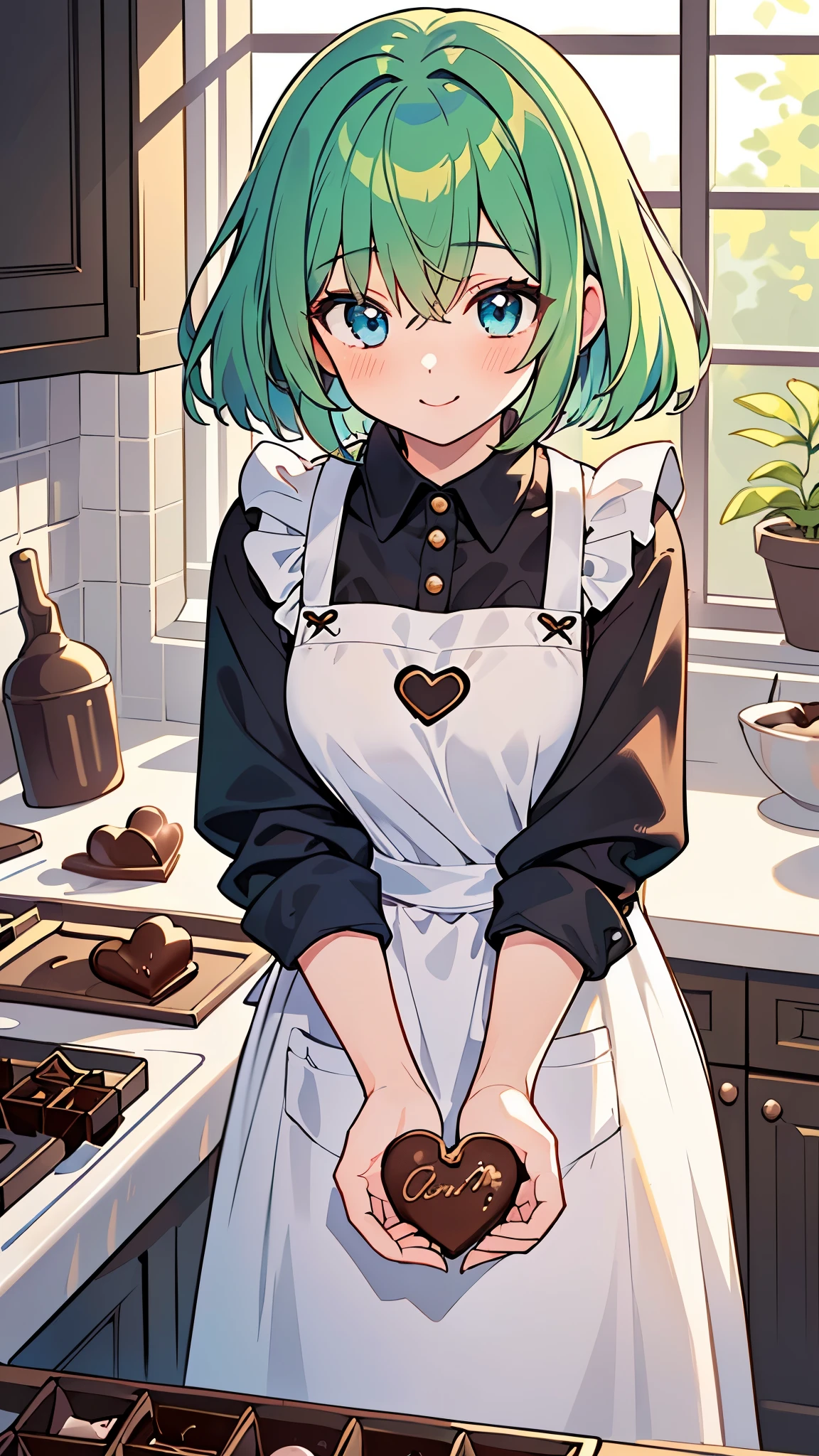 ((A Pretty girl with green hair and blue eyes)), ((wearing an apron)), ((heart shaped chocolate)), Baby face, ((master piece, top-quality, ultra-definition, high resolution)), anime girl, ((ultra-detailed illust:1.2)), only one person, bangs, hair between eye, beautiful hair, Shiny eyes, Medium breasts, Big smile, blushing, in the kitchen