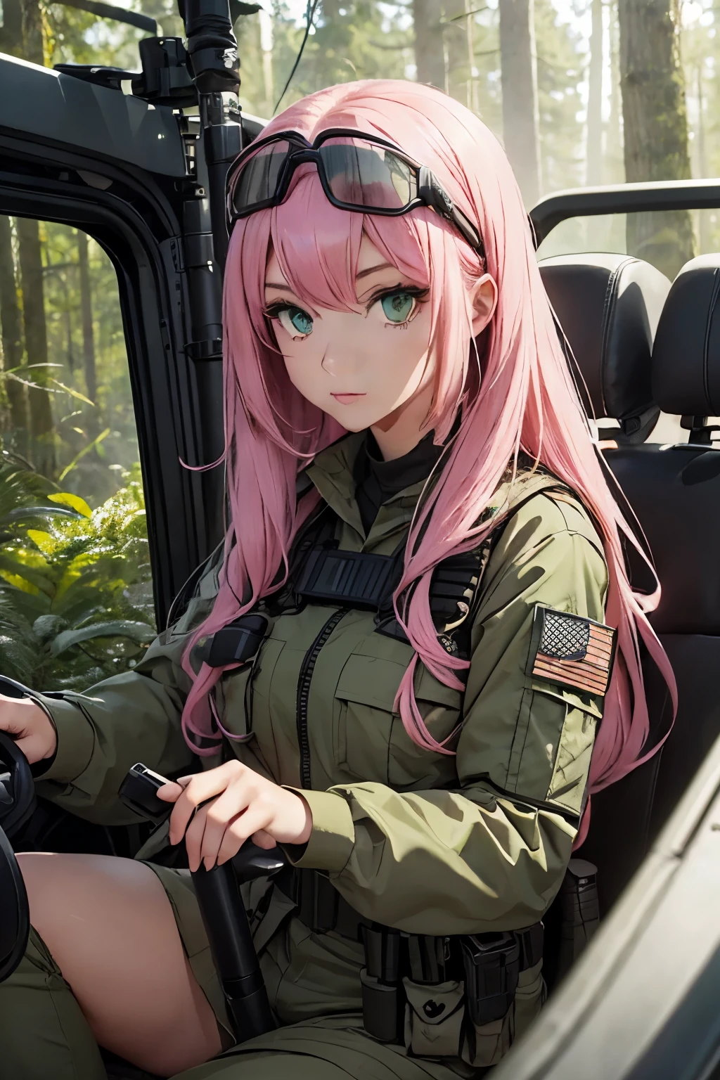 Beautiful woman with long pink hair,green eyes,Wear special operations tactical gear.,driving a military jeep,in forest