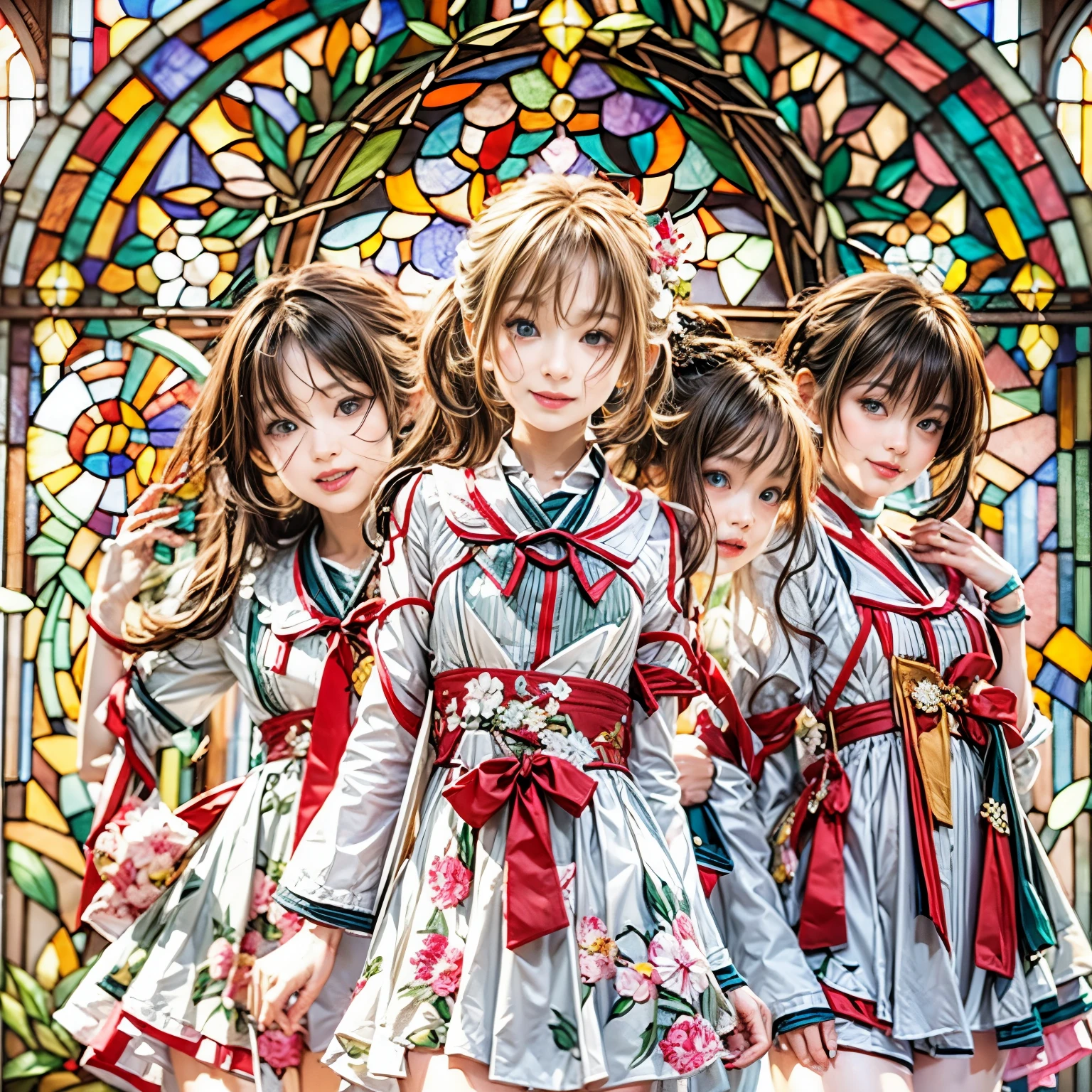 (SFW, White and Red, masterpiece:1.2, Exposed:1.2), (nipple:-0.99), (Acutance:0.8), (many sexy junior idols in group photograph), ((Extremely Detailed KAWAII face variations, joyful expression variations)), { Open Cleavage | Navel | pretty Ass | Overflowing sideboob | (Half Opened White SchoolUniform) | full of Flowers covering girl's body | (Colorful Light shines from Dazzling and Stunning elaborate stained glass:1.2) }. ( ultra-detailed Masterpiece:1.2, (realistic, (photorealistic:1.37)) with a touch of rawness). { under the mesmerizing back lighting | concept art | enhancing the overall visual impact }. (not Detailed fingers:-0.9) .