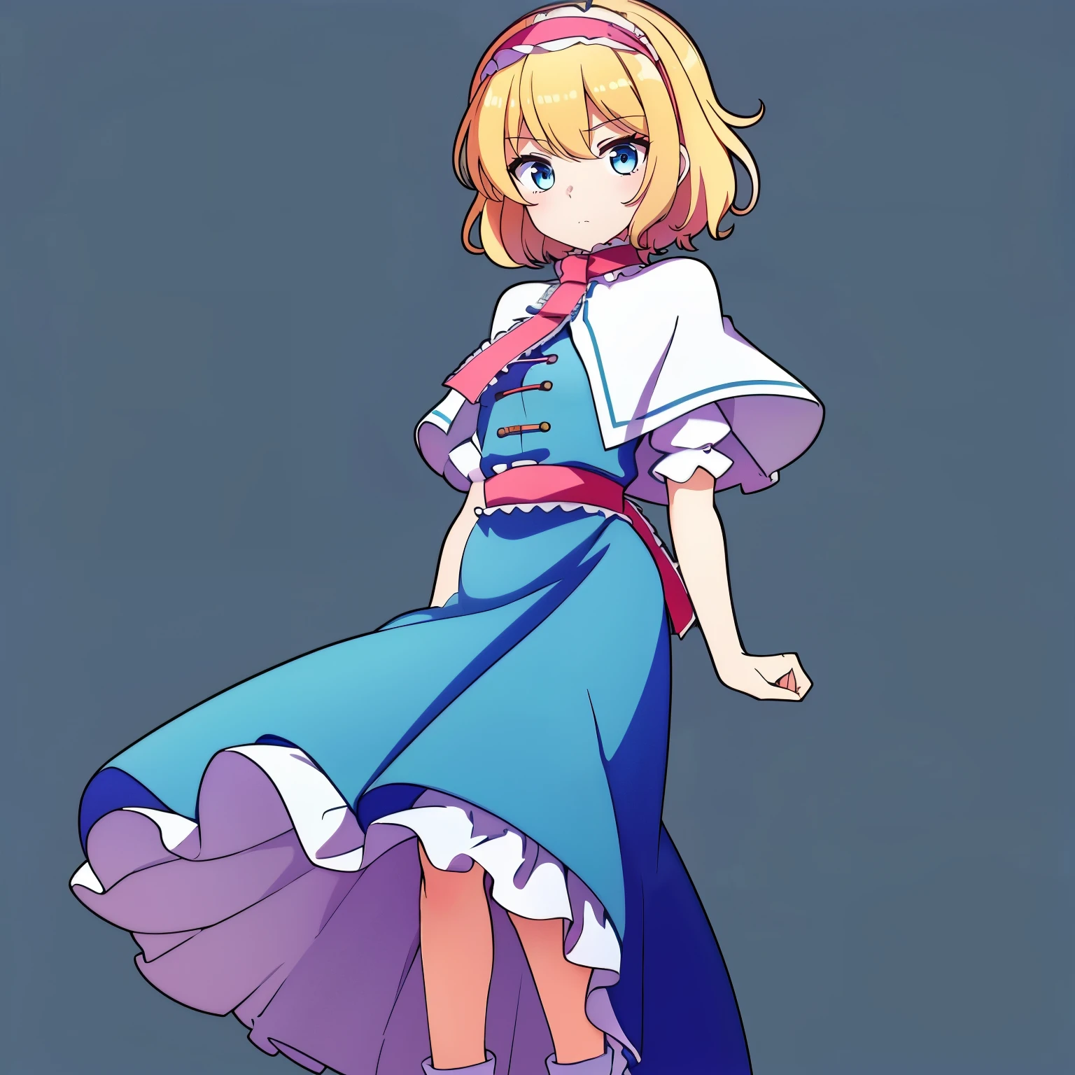 masterpiece, best quality, ultra-detailed, beautiful, nai3,(simple background:1.4),1girl,touhou,(alice margatroid:1.3),1girl,blonde hair, blue eyes, capelet,sash,red hairband, short hair, (long blue dress:1.6), (white socks:1.1),no shoes,full body