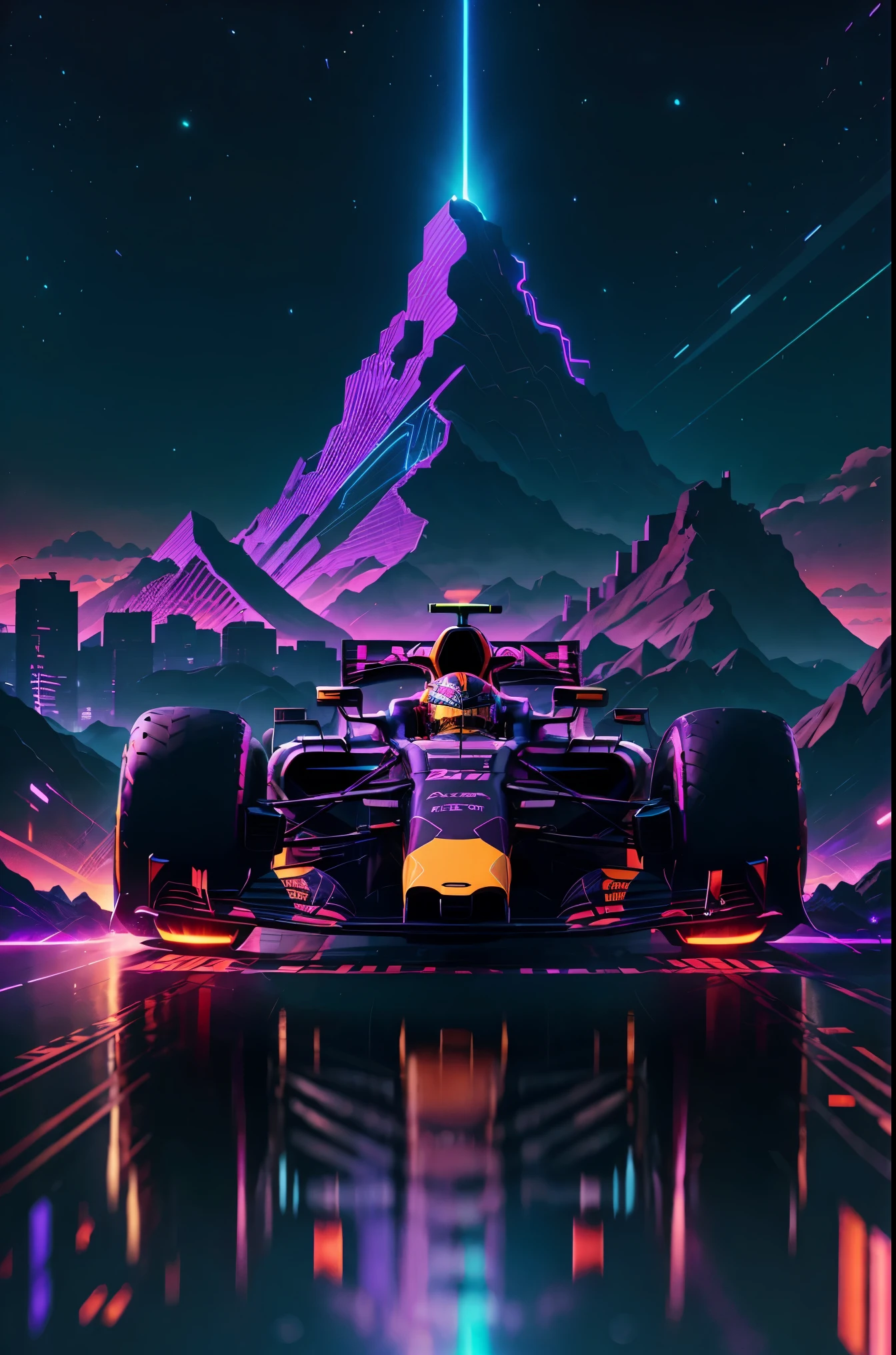 retrowave. City,formula one red bull racing rb19, caminio, purple neon light, sun, Mountain,
(main part,detailed,),