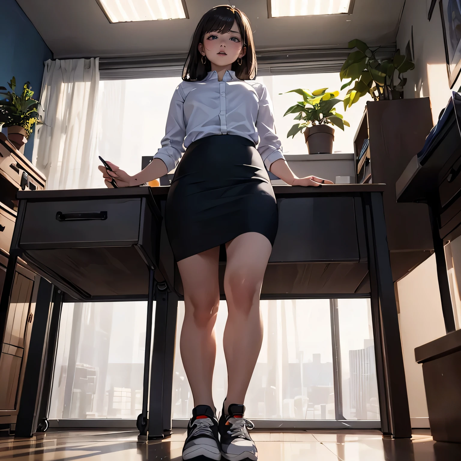 (high-definition images, atmospheric perspective, 8k, super detail, accurate, best quality), a woman, eyes realistic sizing, drooping eyes, realistic skin, angle from below, light makeup, pencil skirt, id, tiny earrings, sneakers, office room, plants, window with dark hour of down, 