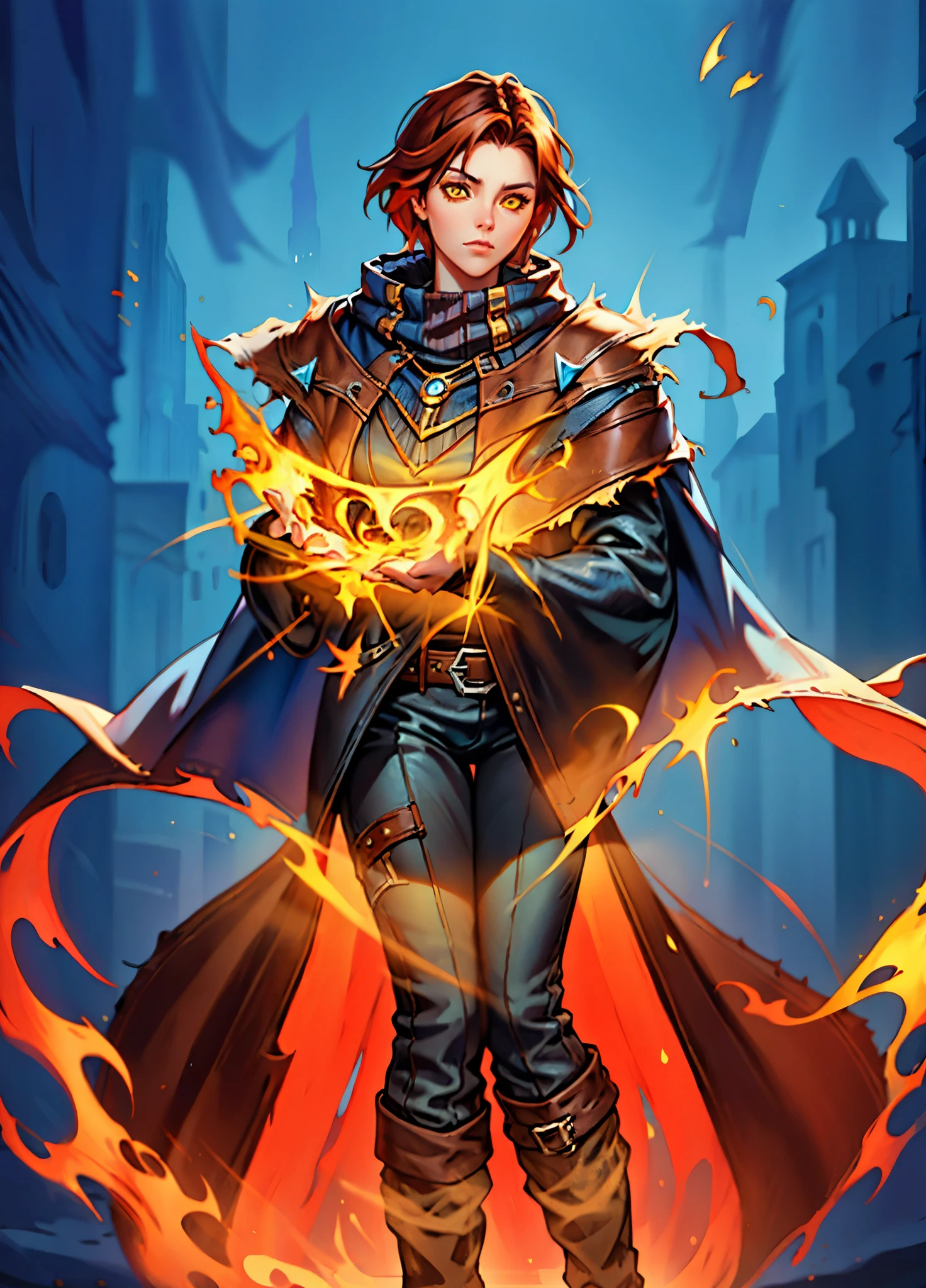 A woman with short reddish-brown hair, a determined gaze, her upper body is enveloped in a heavy cloak with leather accents, the cloak covers the lower half of her face, a tight-fitting long leather trench coat with ethnic-style details at the hem underneath, coarse fabric pants, sturdy knee-high leather boots, the background depicts a fantasy-style western town with swirling yellow sand, this character embodies a finely crafted fantasy western-style female shaman in anime style, exquisite and mature manga art style, high definition, best quality, highres, ultra-detailed, ultra-fine painting, extremely delicate, professional, anatomically correct, symmetrical face, extremely detailed eyes and face, high quality eyes, creativity, RAW photo, UHD, 8k, Natural light, cinematic lighting, masterpiece-anatomy-perfect, masterpiece:1.5