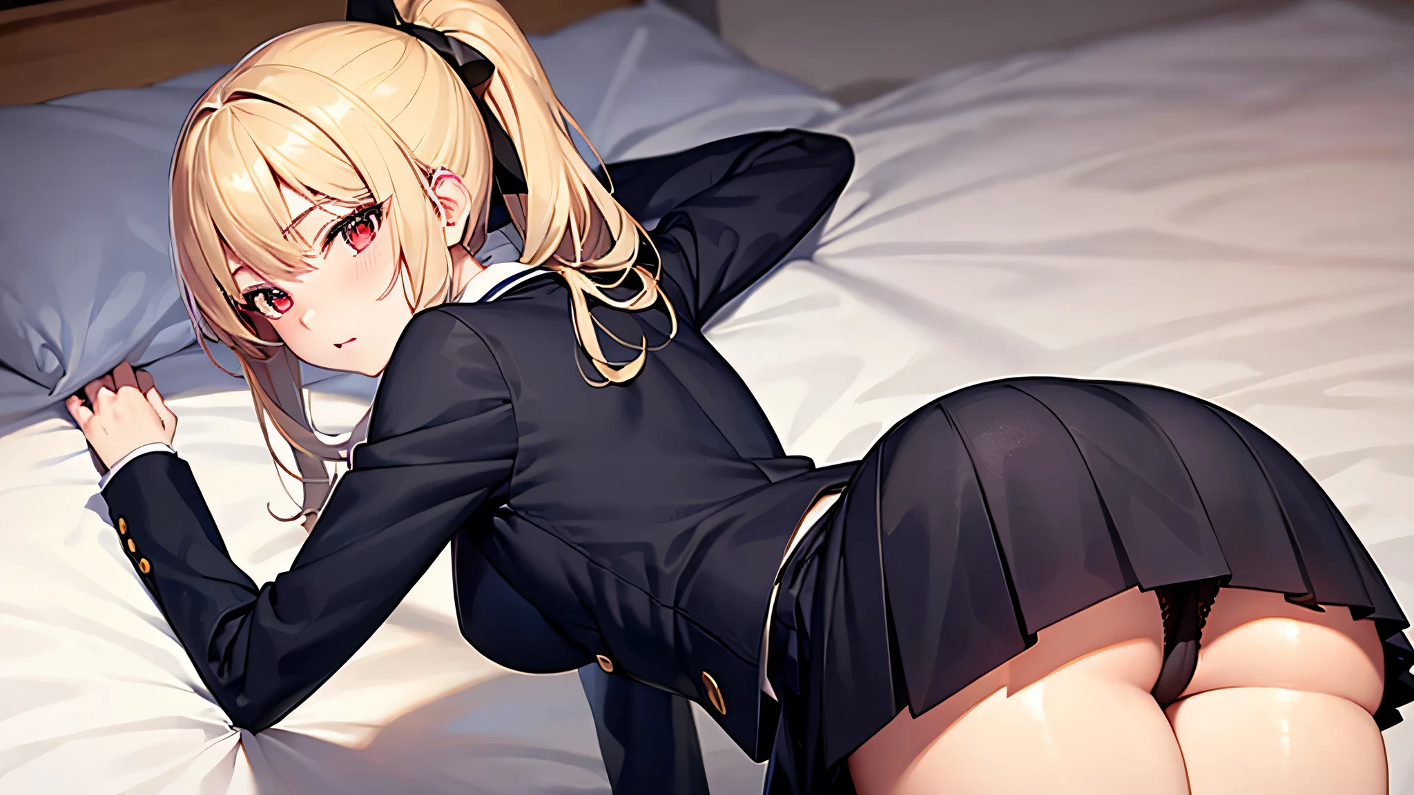 blonde　ponytail　red eyes　one girl　high school girl　turn around　school uniform　　panty shot