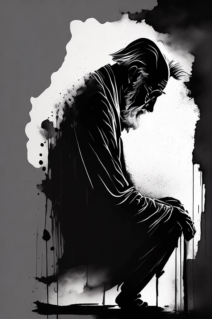 (ink style art:1.3), abstract painting of an old man,lament、sorrow、A work expressing the loneliness of the elderly, (look at the audience), Works drawn in ink, vector style, black ink, (white background), Simple style, thick and bold brush strokes