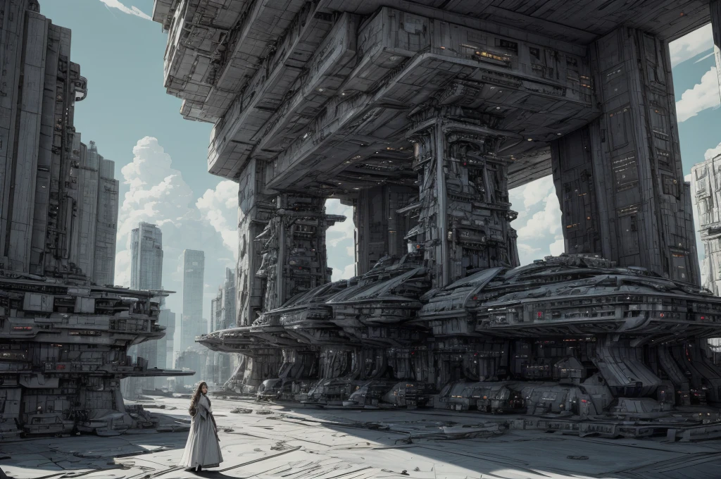 Incredible fantasy city, mega skyscrapers, flying cars, space elevator towers, Super Detail, trees, flowers, Many different buildings, spaceships in the sky, Ultra detail, many elements, Girl in a lace dress, full length portrait, Incredibly beautiful, Photo quality, 8K