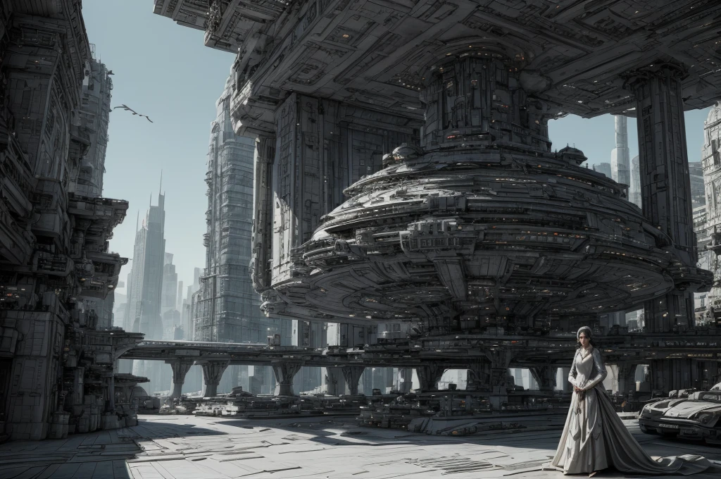 Incredible fantasy city, mega skyscrapers, flying cars, space elevator towers, Super Detail, trees, flowers, Many different buildings, spaceships in the sky, Ultra detail, many elements, Girl in a lace dress, full length portrait, Incredibly beautiful, Photo quality, 8K
