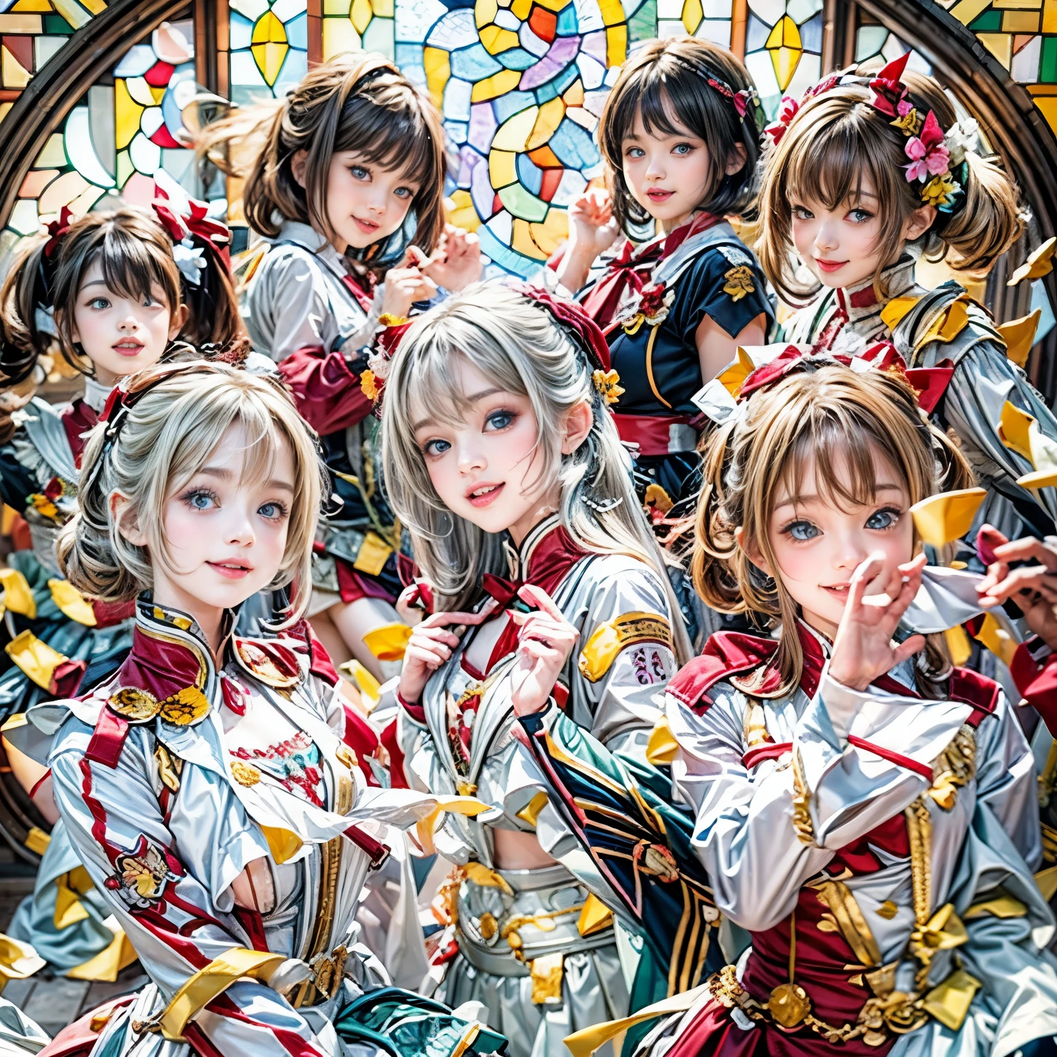 (SFW, White and Red, masterpiece:1.2, Exposed:1.2), (nipple:-0.99), (Acutance:0.8), (many sexy junior idols in group photograph), ((Extremely Detailed KAWAII face variations, joyful expression variations)), { Open Cleavage | Navel | pretty Ass | Overflowing sideboob | (Half Opened White SchoolUniform) | full of Flowers covering girl's body | (Colorful Light shines from Dazzling and Stunning elaborate stained glass:1.2) }. ( ultra-detailed Masterpiece:1.2, (realistic, (photorealistic:1.37)) with a touch of rawness). { under the mesmerizing back lighting | concept art | enhancing the overall visual impact }. (not Detailed fingers:-0.9) .
