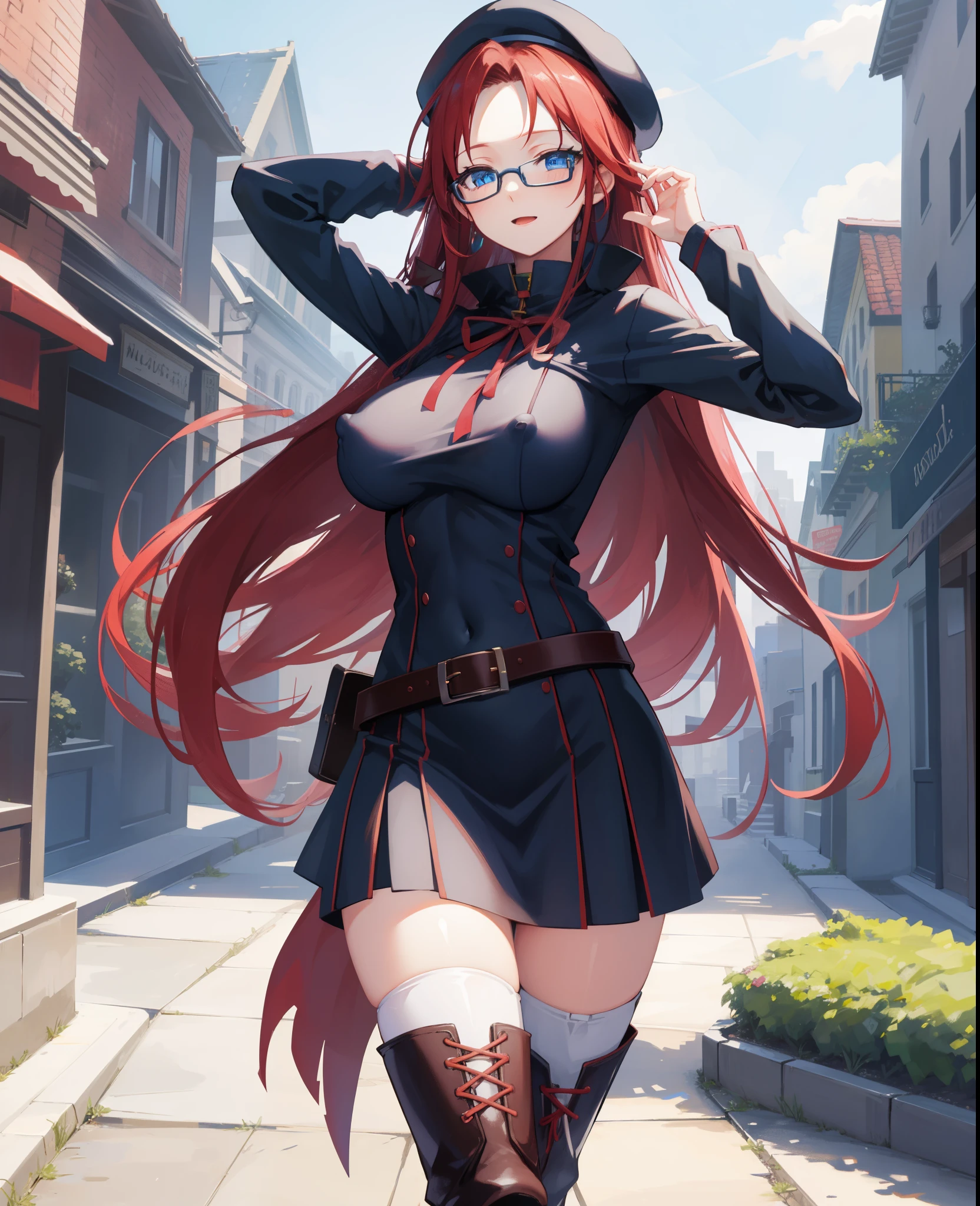 summonnightaty, aty, long hair, blue eyes, red hair, beret, hat, glasses,
BREAK long hair, thighhighs, hat, dress, boots, glasses, belt, cape, sweater, zettai ryouiki, beret, thigh boots, white footwear, ribbed sweater, loose belt,solo,
BREAK outdoors, fantasy_town,
BREAK (masterpiece:1.2), best quality, high resolution, unity 8k wallpaper, (illustration:0.8), (beautiful detailed eyes:1.6), extremely detailed face, perfect lighting, extremely detailed CG, (perfect hands, perfect anatomy),(covered_nipples:1.3),covered_navel,light_smile,dynamic_posing ,walking,(half_eyes:1.2),light_open_mouth,sword,armpit,sleepy,
