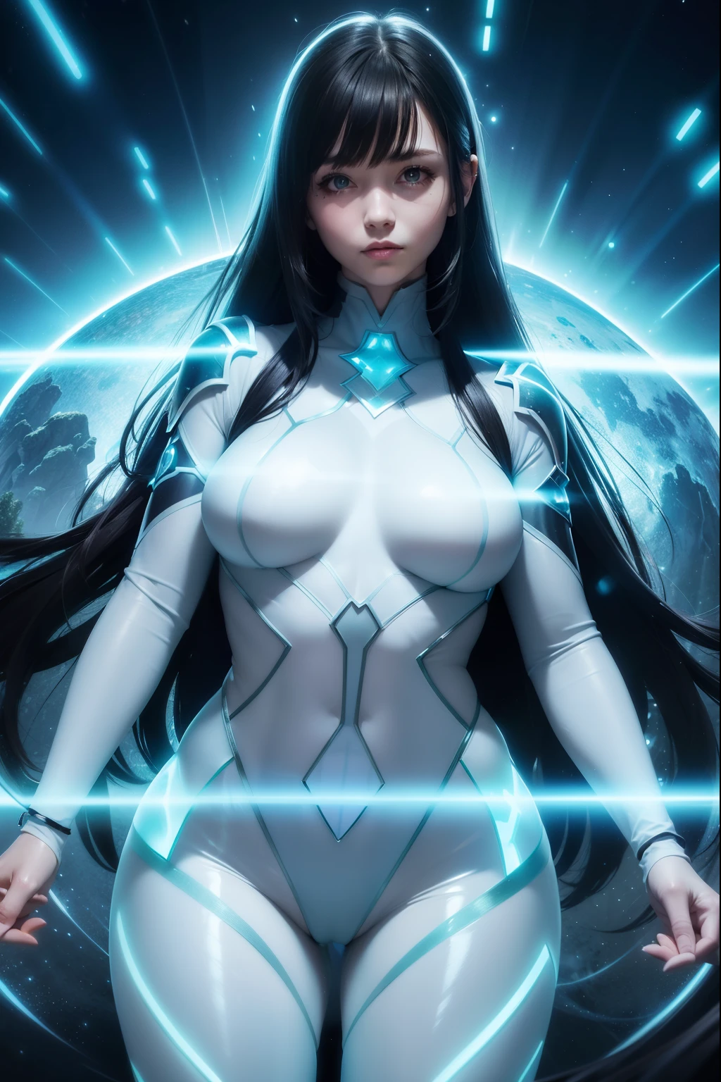 Waist up (top to bottom perspective angle) fantasy warrior girl in tight plugsuit with transparent bioluminescent glowing body, hero transparent bioluminescent glowing cape, sharp focus, UHD, (masterpiece), best quality, expressive eyes, perfect face, cinematic illumination, midnight aura, 4k