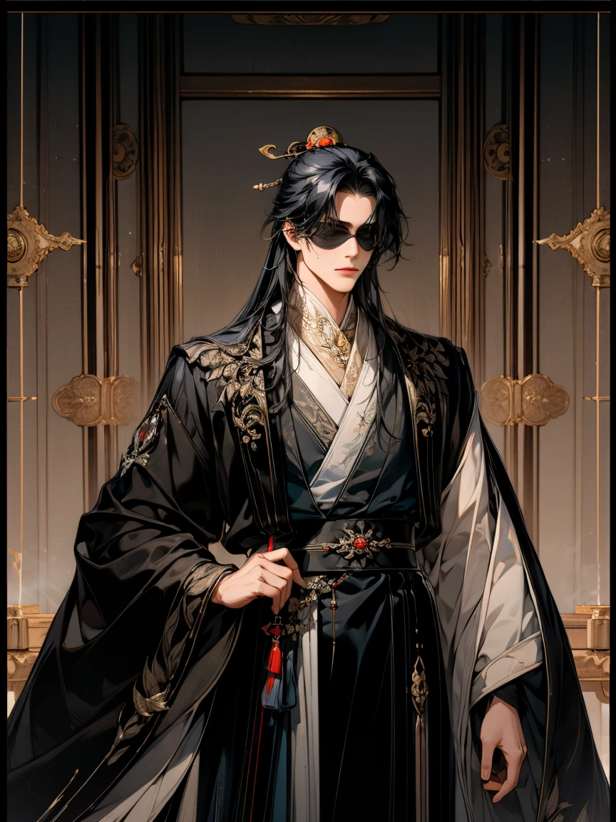 masterpiece, collage of man, blindfold, chinese clothes,hanfu, long black hair