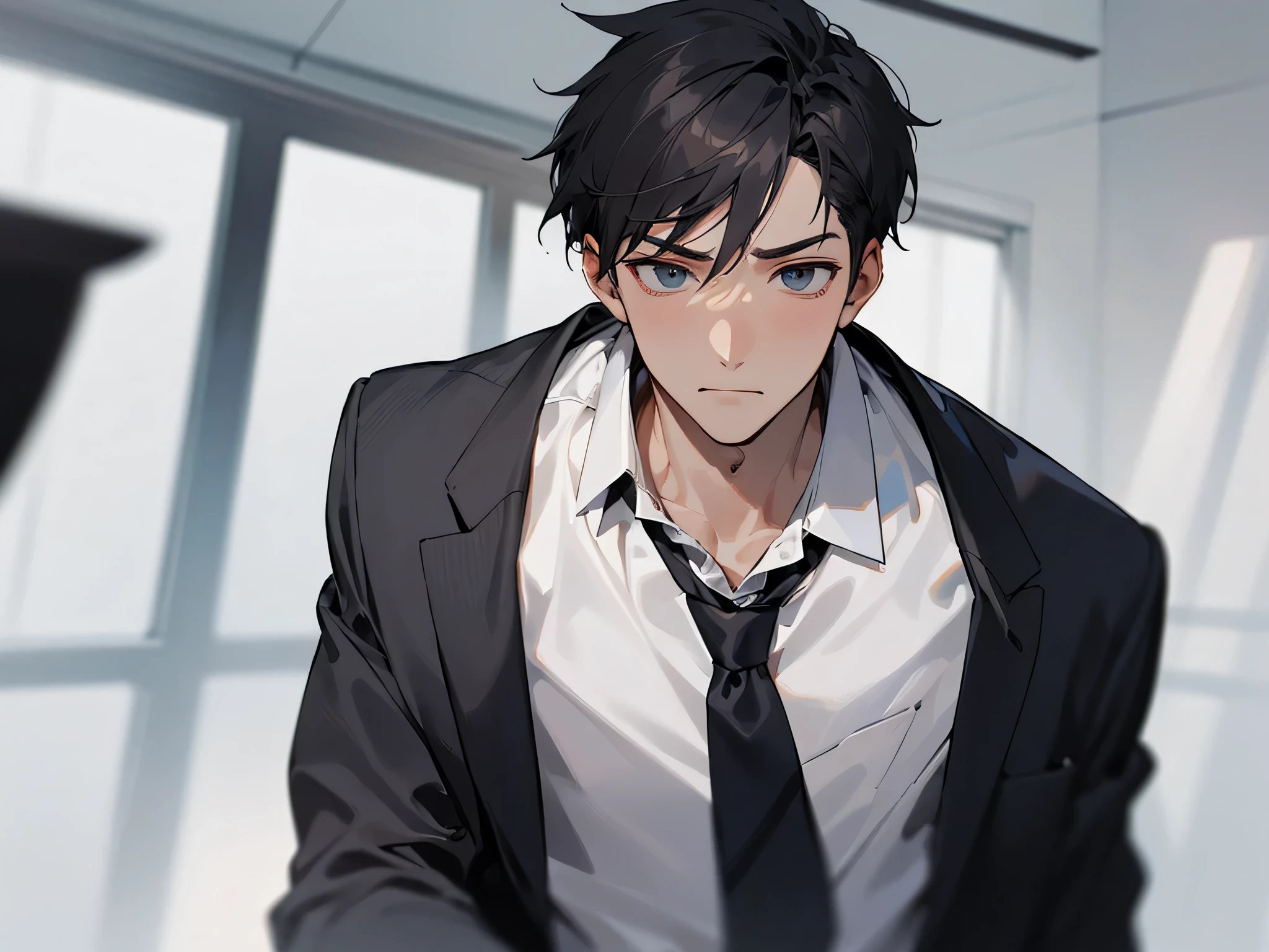 1boy，adult，Impatient expression，Business suit，jacket，whiteshirt，upper body,necktie，dull,pants，best quaity，employee，face detail，((background office))