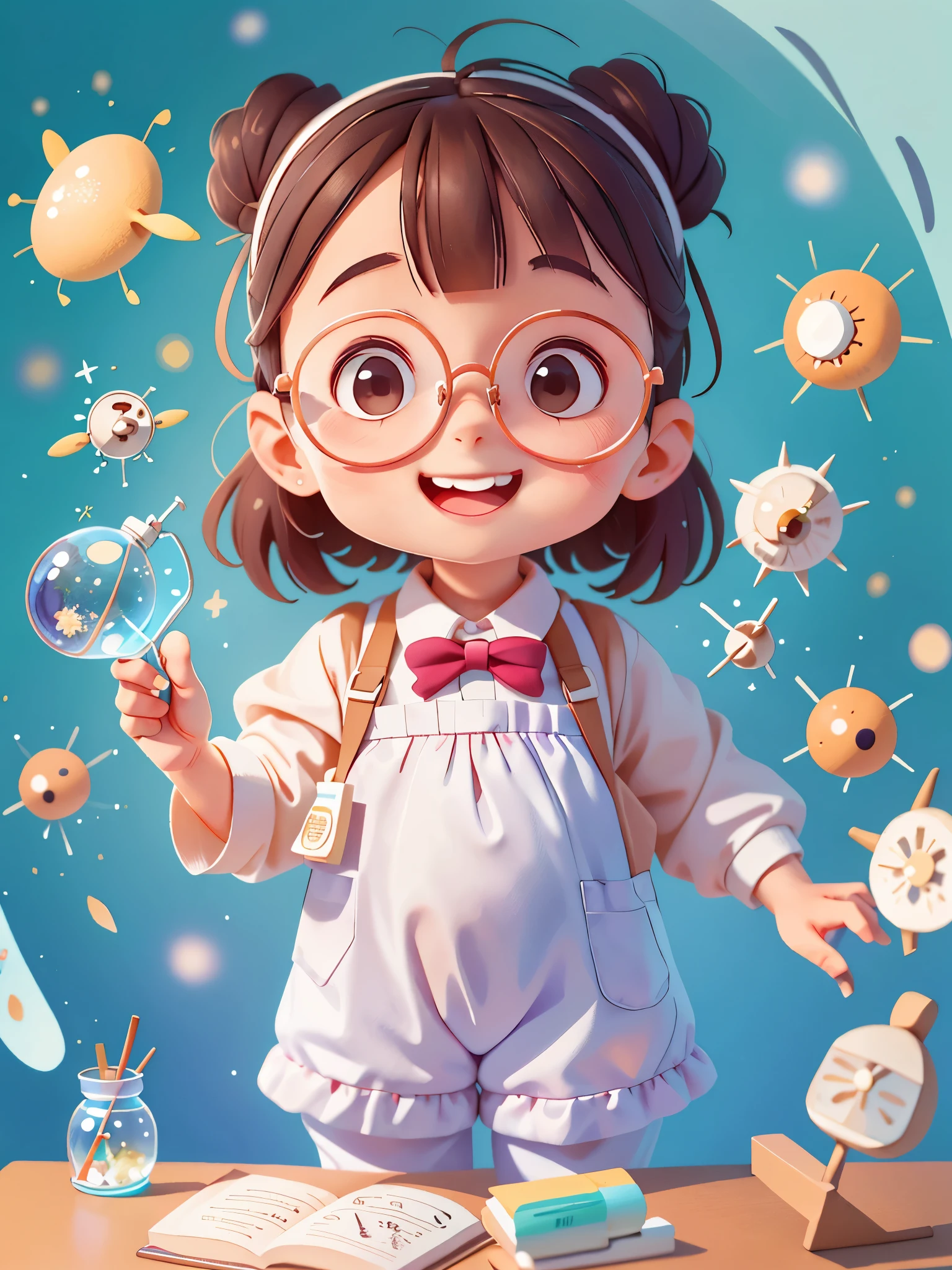 Cute girl who dreams of becoming a scientist, ((preschool)),dress up as home,Wearing white(((Home Clothing))), White pants,Wearing thick-rimmed glasses,station,Do experiments,laboratory,In front of a blackboard filled with formulas,smiling, (masterpiece: 1.2) (actual: 1.2) (Bokeh) (best quality) (delicate skin: 1.3) (intricate details) (8k) (exquisite eyes) (sharp focus),