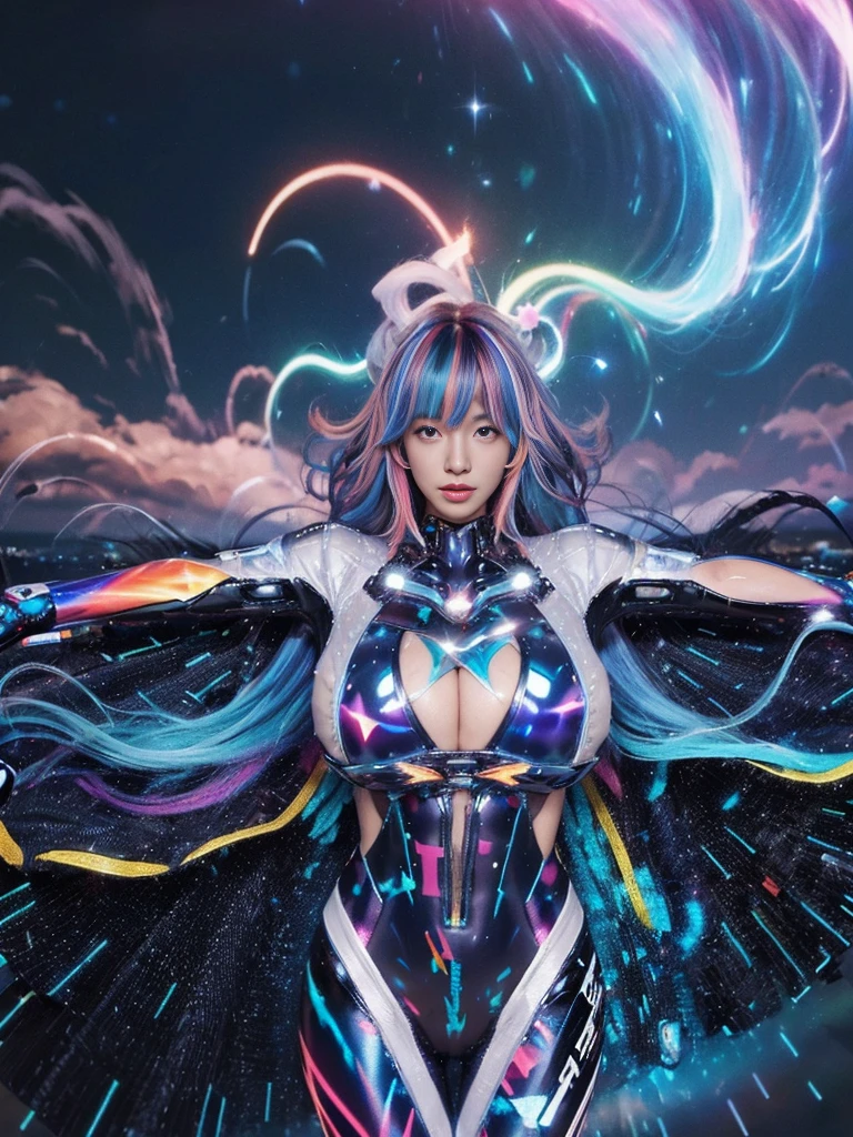 (shiny sky:1.4), good body, wind, (magic hair:1.5),bangs,glow hair,(multicolored hair:1.5), (gigantic tits:1.5),, (hue inverted:1.1),outer space,(pasties:1.3),
(platinum  suits:1.5)