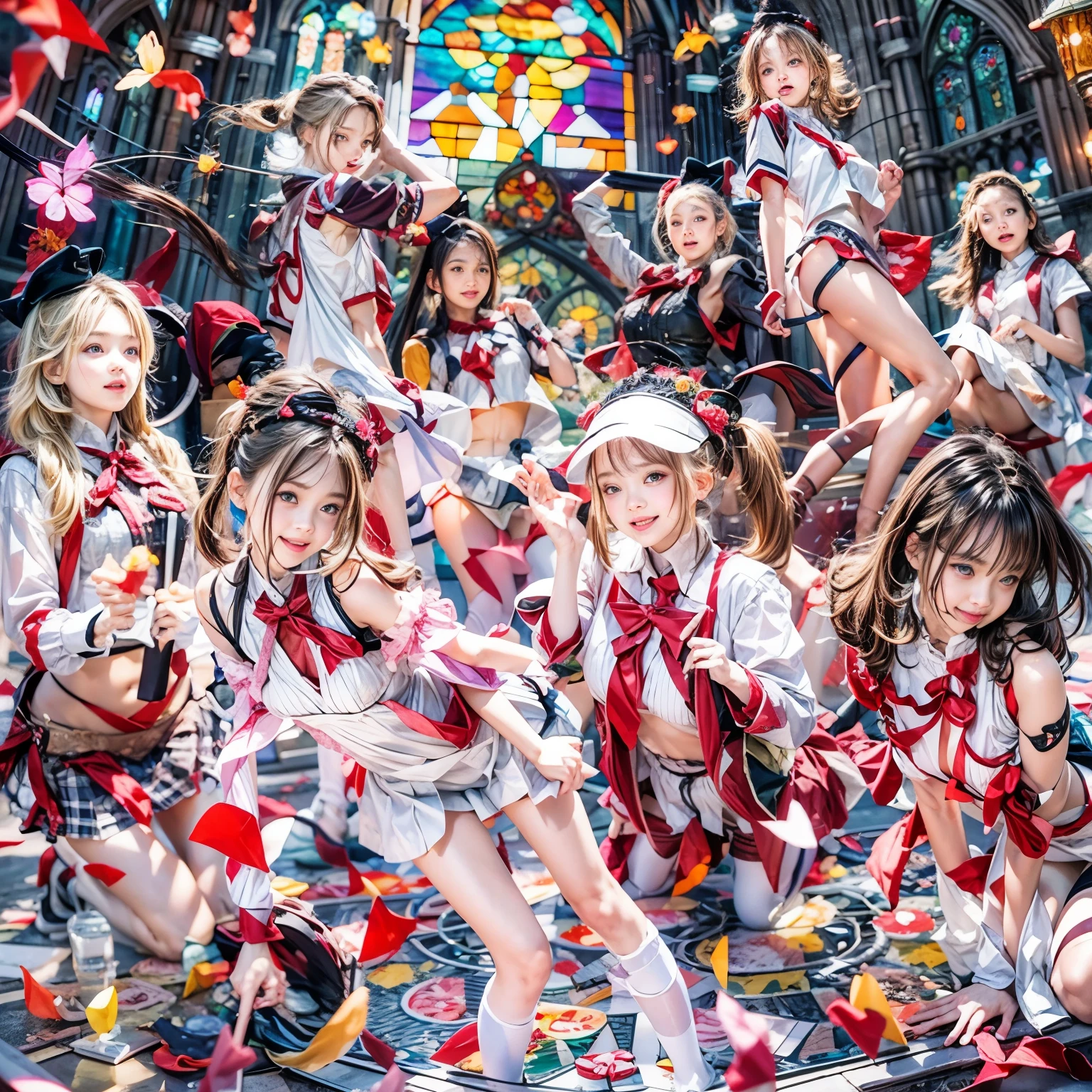 (SFW, White and Red, masterpiece:1.2, Exposed:1.2), (nipple:-0.99), (Acutance:0.8), (many sexy junior idols in group photograph), ((Extremely Detailed KAWAII face variations, joyful expression variations)), { Open Cleavage | Navel | pretty Ass | Overflowing sideboob | (Half Opened White SchoolUniform) | full of Flowers covering girl's body | (Colorful Light shines from Dazzling and Stunning elaborate stained glass:1.2) }. ( ultra-detailed Masterpiece:1.2, (realistic, (photorealistic:1.37)) with a touch of rawness). { under the mesmerizing back lighting | concept art | enhancing the overall visual impact }. (not Detailed fingers:-0.9) .